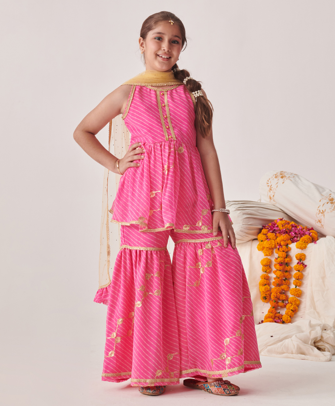 Pspeaches Georgette Sleeveless Leheriya Printed & Sequin Embellished Kurta With Sharara & Dupatta - Pink-picture-23