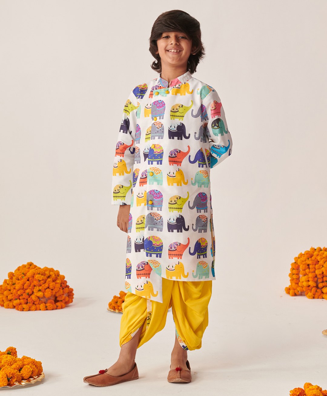 Pspeaches Full Sleeves Elephants Printed Kurta With Dhoti - Multi Colour-picture-25