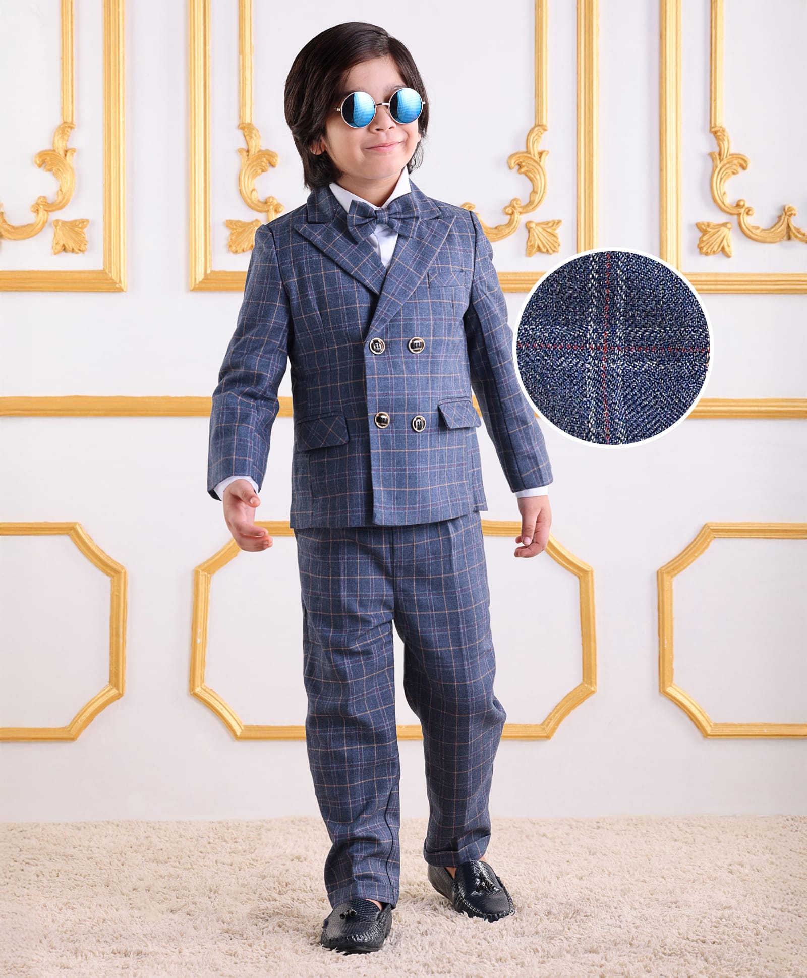 Kookie Kids Full Sleeves Checkered 3 Piece Party Suit with Bow - Navy Blue-image-27