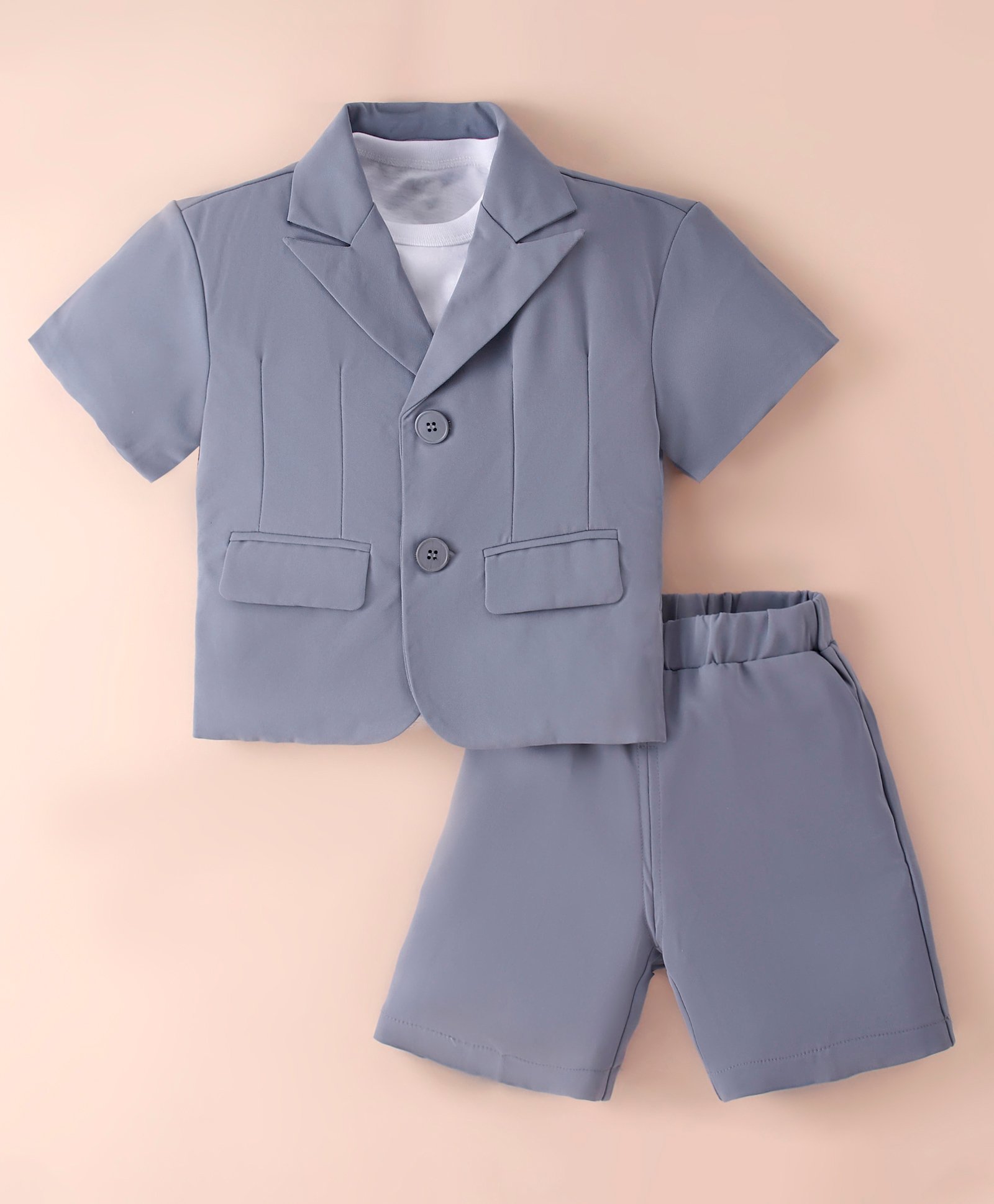Kookie Kids Half Sleeves Solid Colour T-Shirt & Shorts Set with Blazer - Blue-picture-25