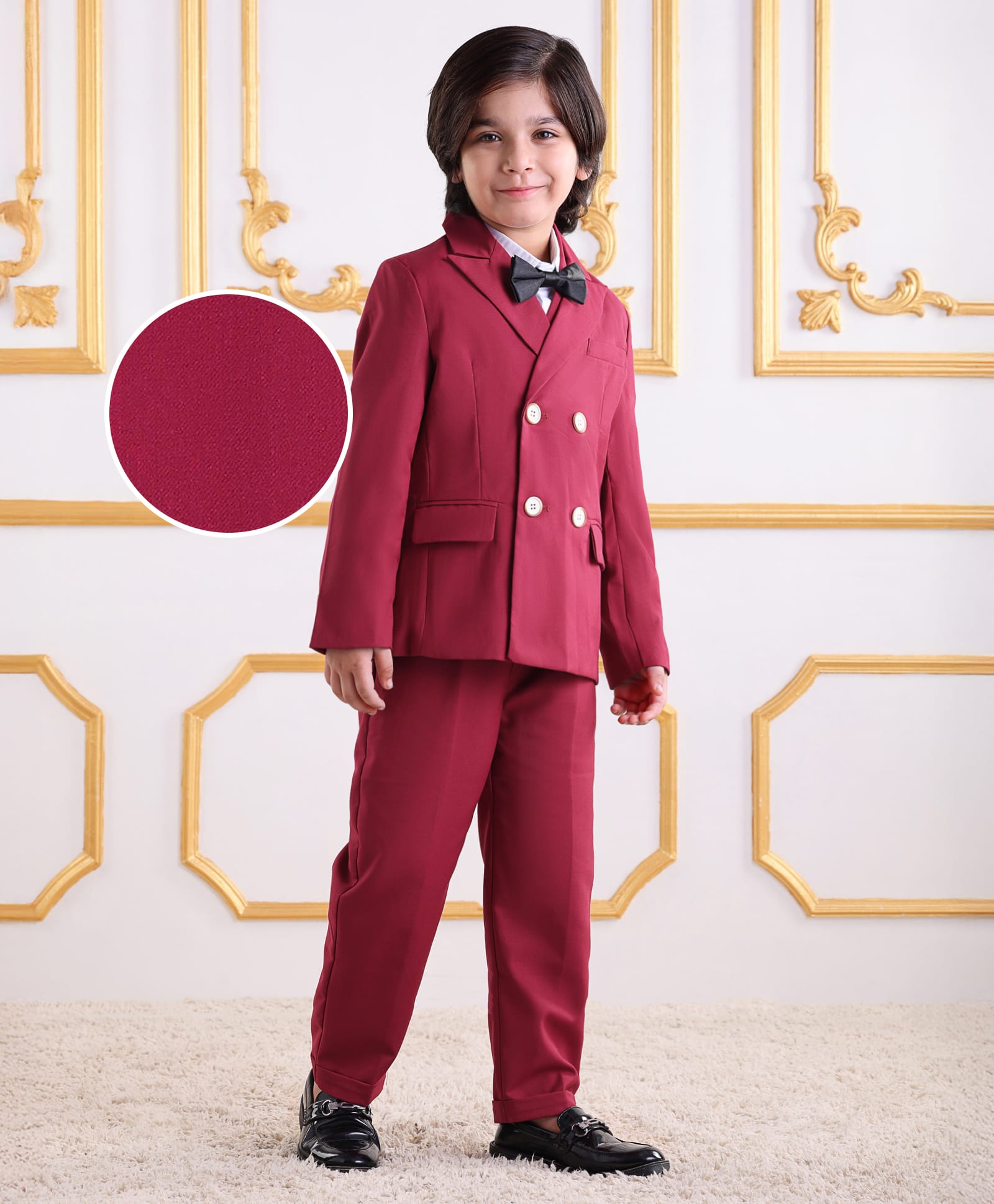 Kookie Kids Full Sleeves Solid Colour 3 Piece Party Suit with Bow - Maroon-image-49