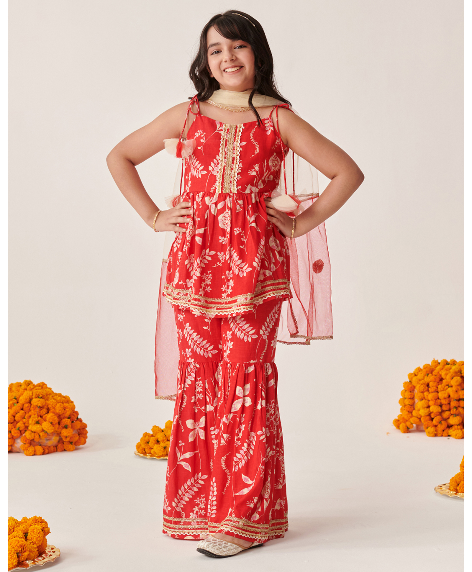 Pspeaches Cotton Rayon Sleeveless Floral Printed Regular Kurta  Sharara With Dupatta - Red-image-37