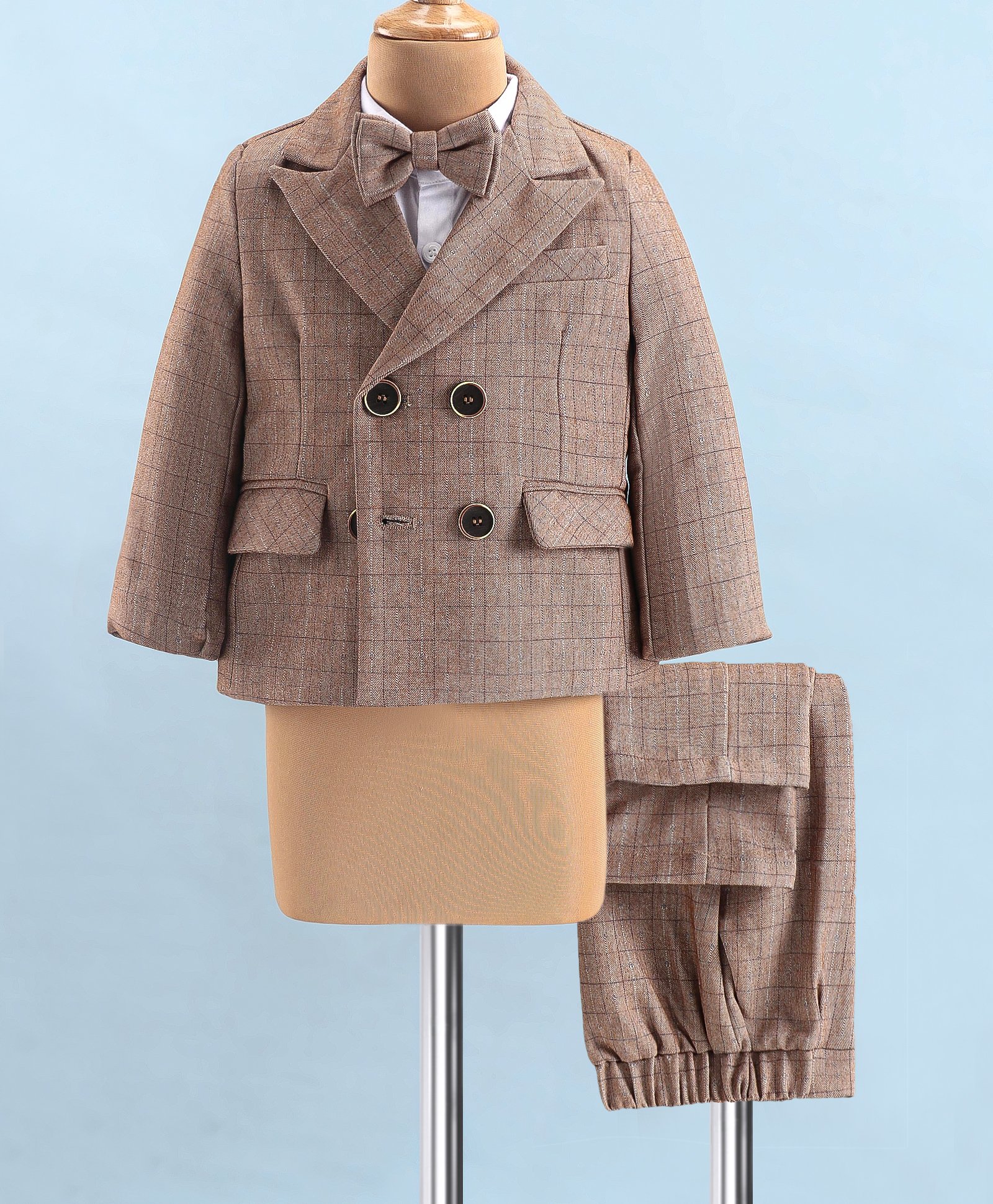 Kookie Kids Full Sleeves Checkered 3 Piece Party Suit with Bow - Brown-image-22