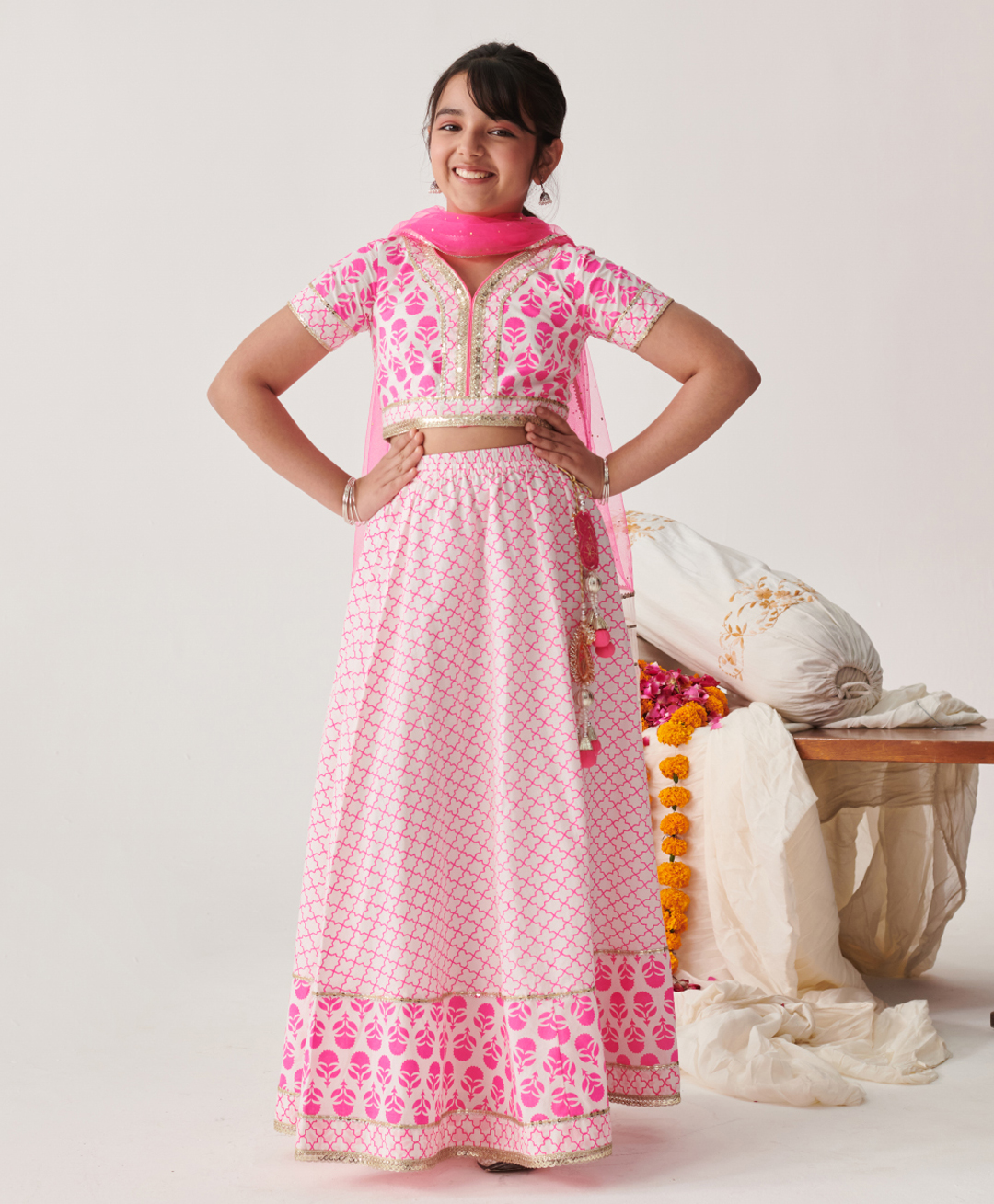 Pspeaches Cotton Hafl Sleeves Floral Printed Lehenga Choli With Dupatta - Pink-image-36