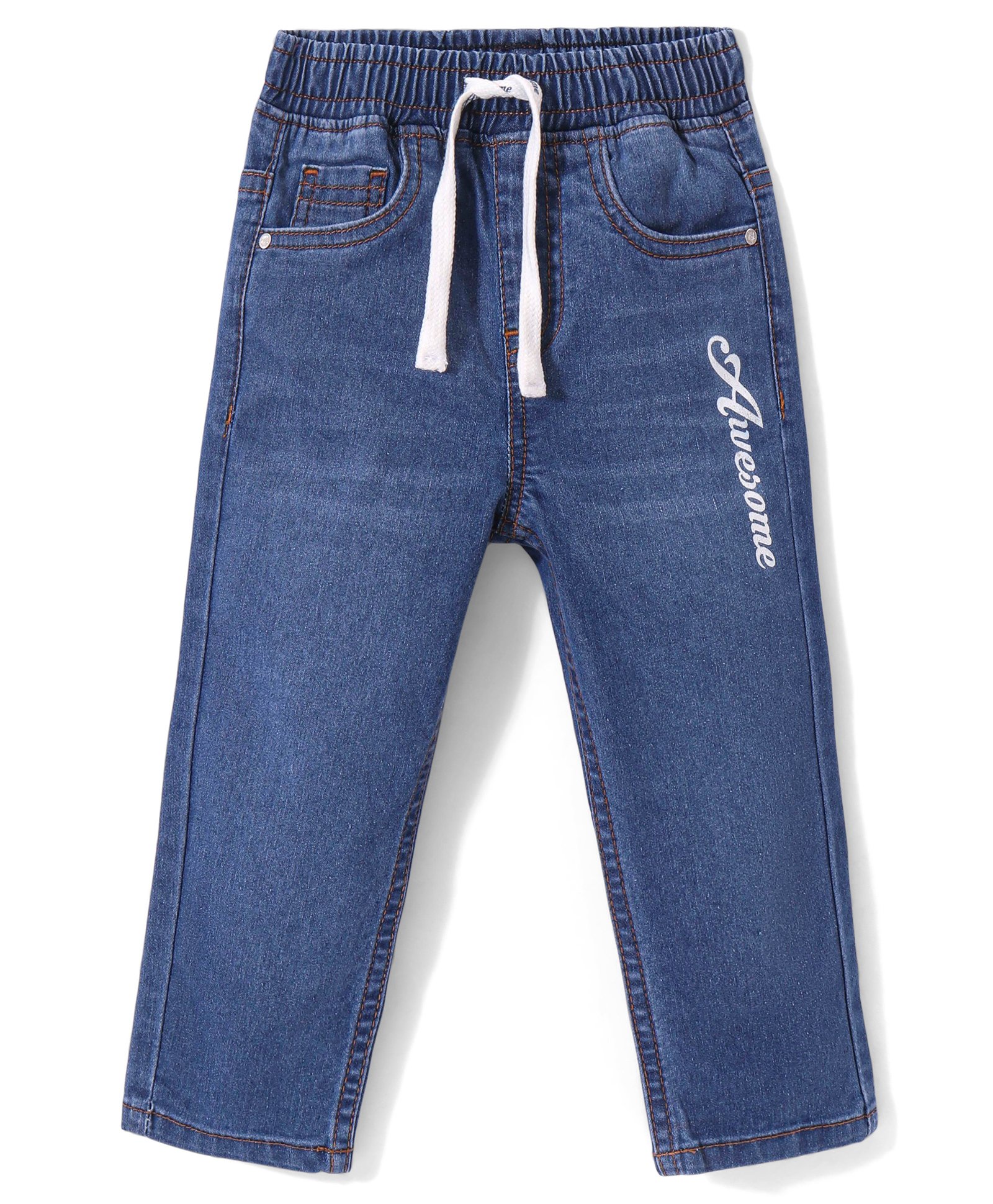 Babyhug Full Length Washed Denim Jeans With Stretch & Text Print - Navy Blue-image-35