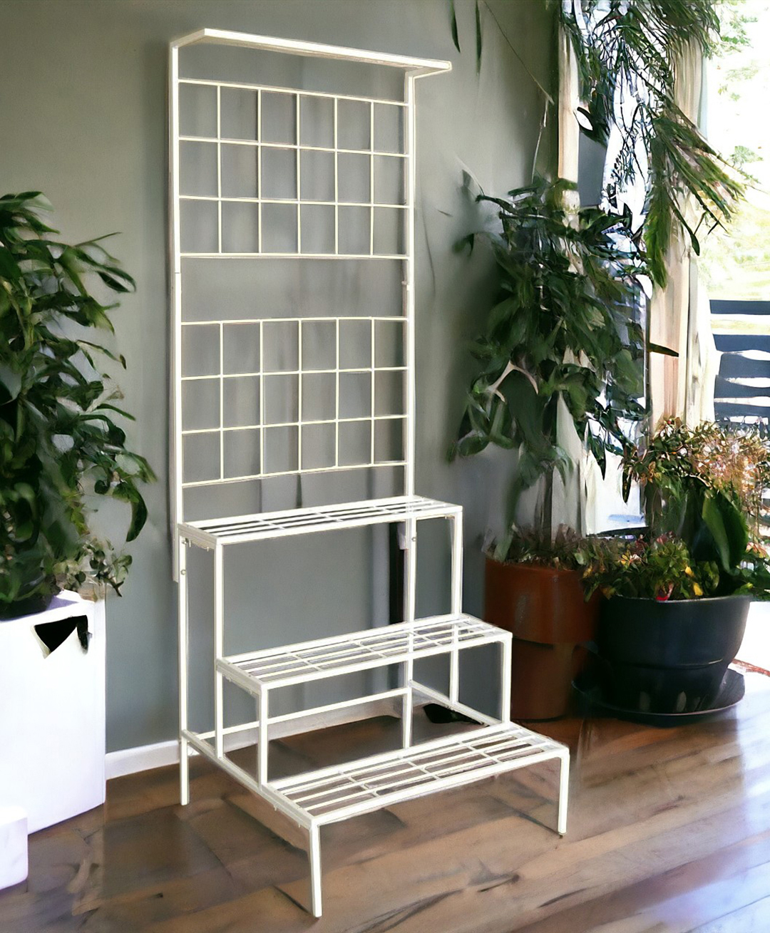 Ecofynd Bloom Plant Stand for Balcony, Metal Planter Stand for Outdoor Plants, 4 Tier High Flower Pot Holder, 3 Steps Plant Stand - Pack of 1