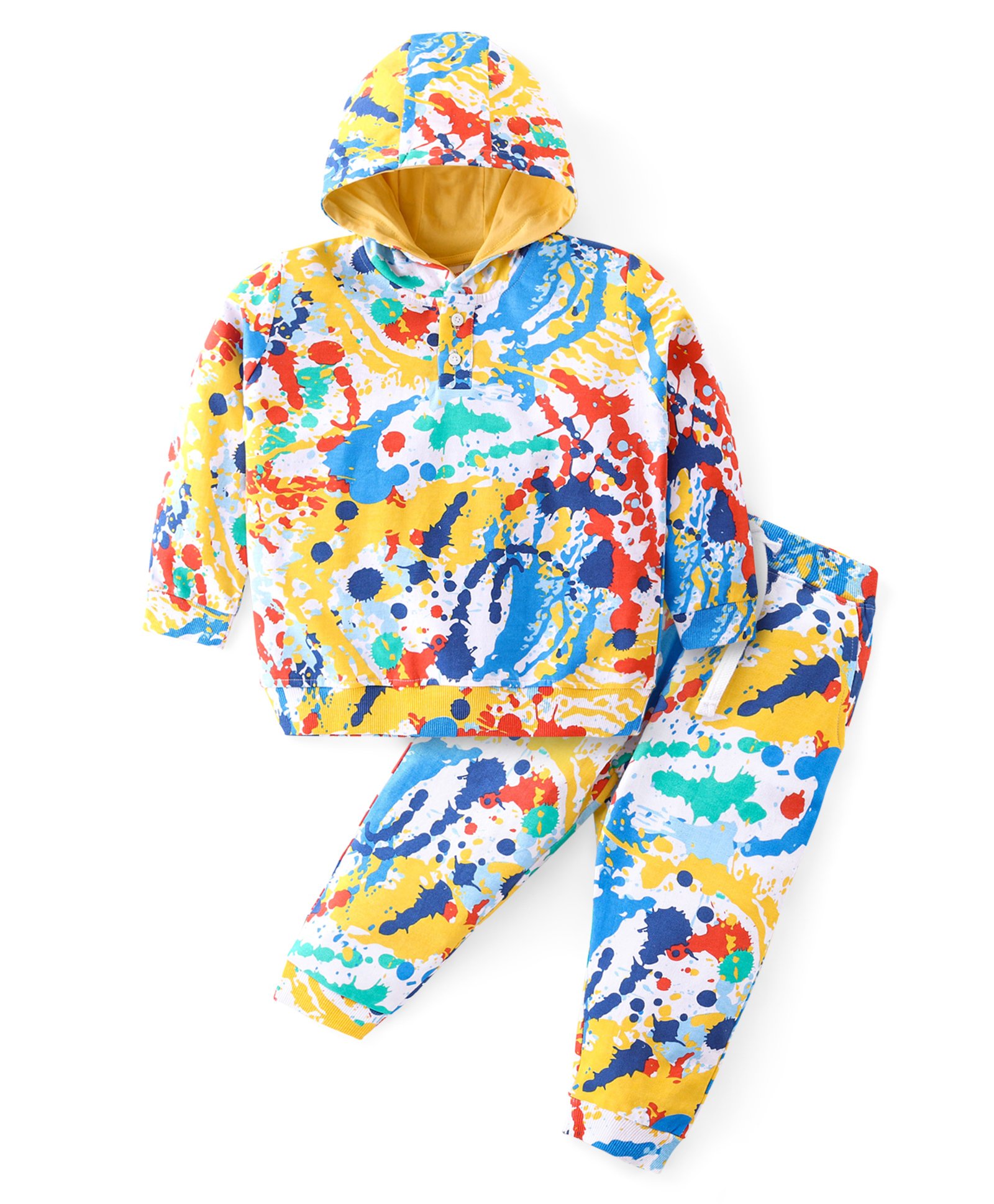 Babyhug Cotton Knit Full Sleeves Hooded T-Shirt & Lounge Pants Set With Color Splash Print - Multicolor-image-0