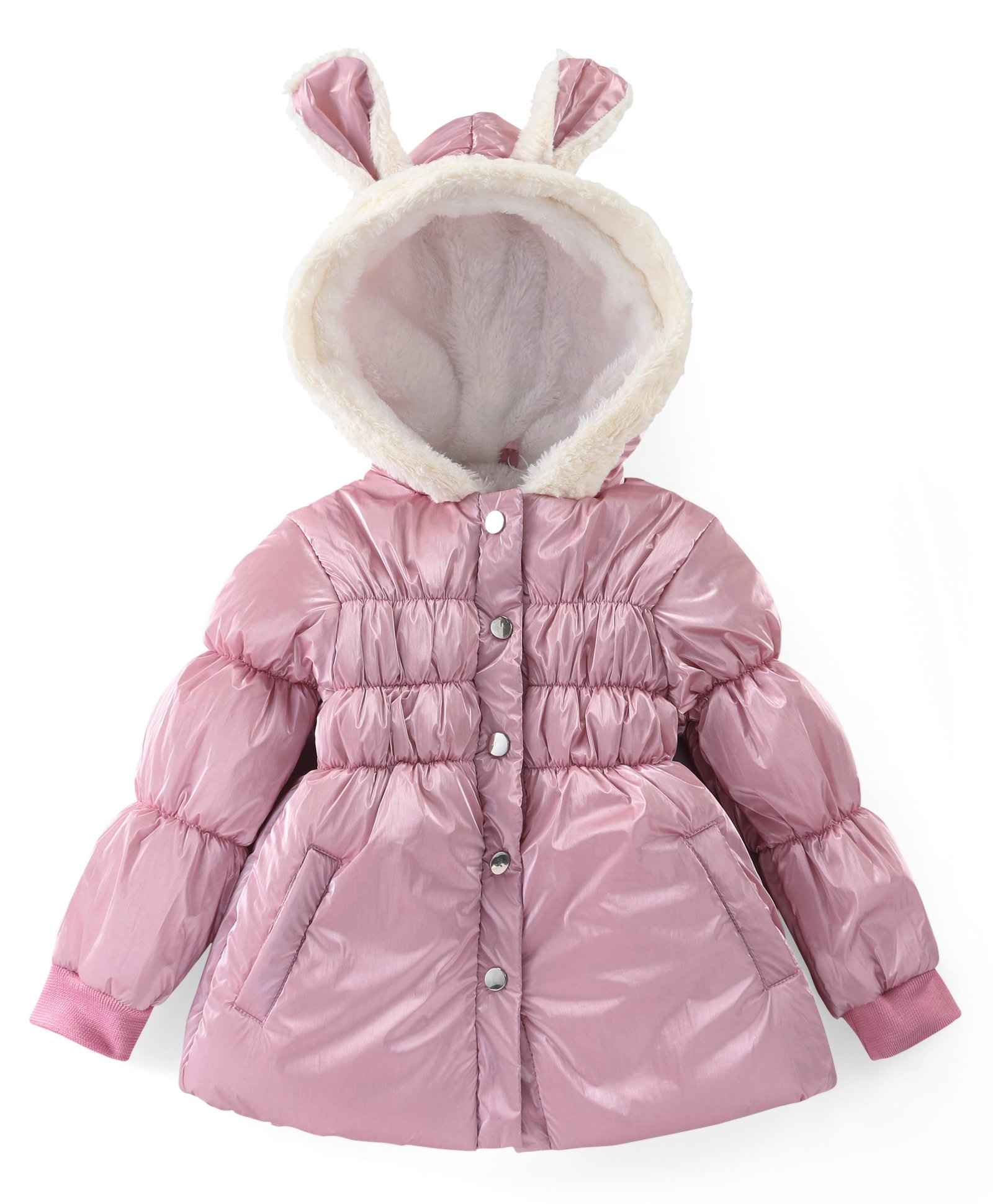 Babyhug Woven Full Sleeves Hooded Puffer Jacket with Hood & Solid Colour - Pink-image-48