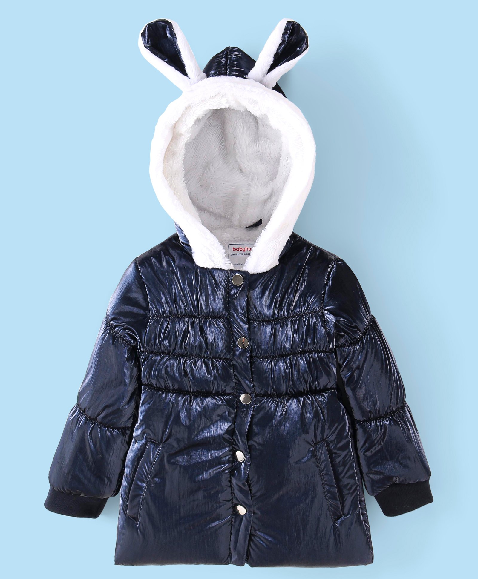 Babyhug Woven Full Sleeves Front Open Padded Hooded Jacket With Solid Colour & Ears Applique - Navy Blue