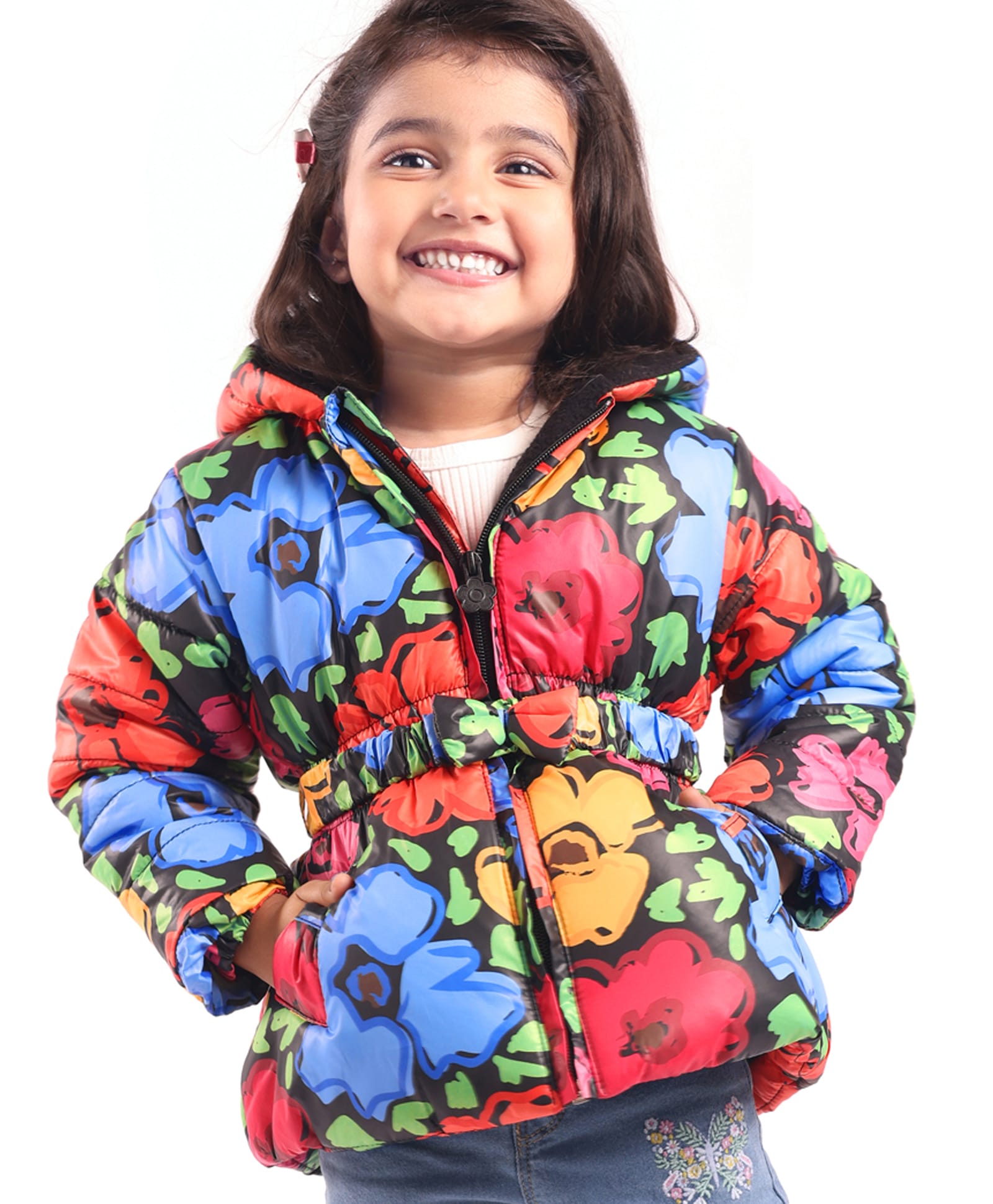Babyhug Woven Full Sleeves Solid Color Padded Hooded Jacket with Floral Print & Bow Applique - Multicolour-picture-38