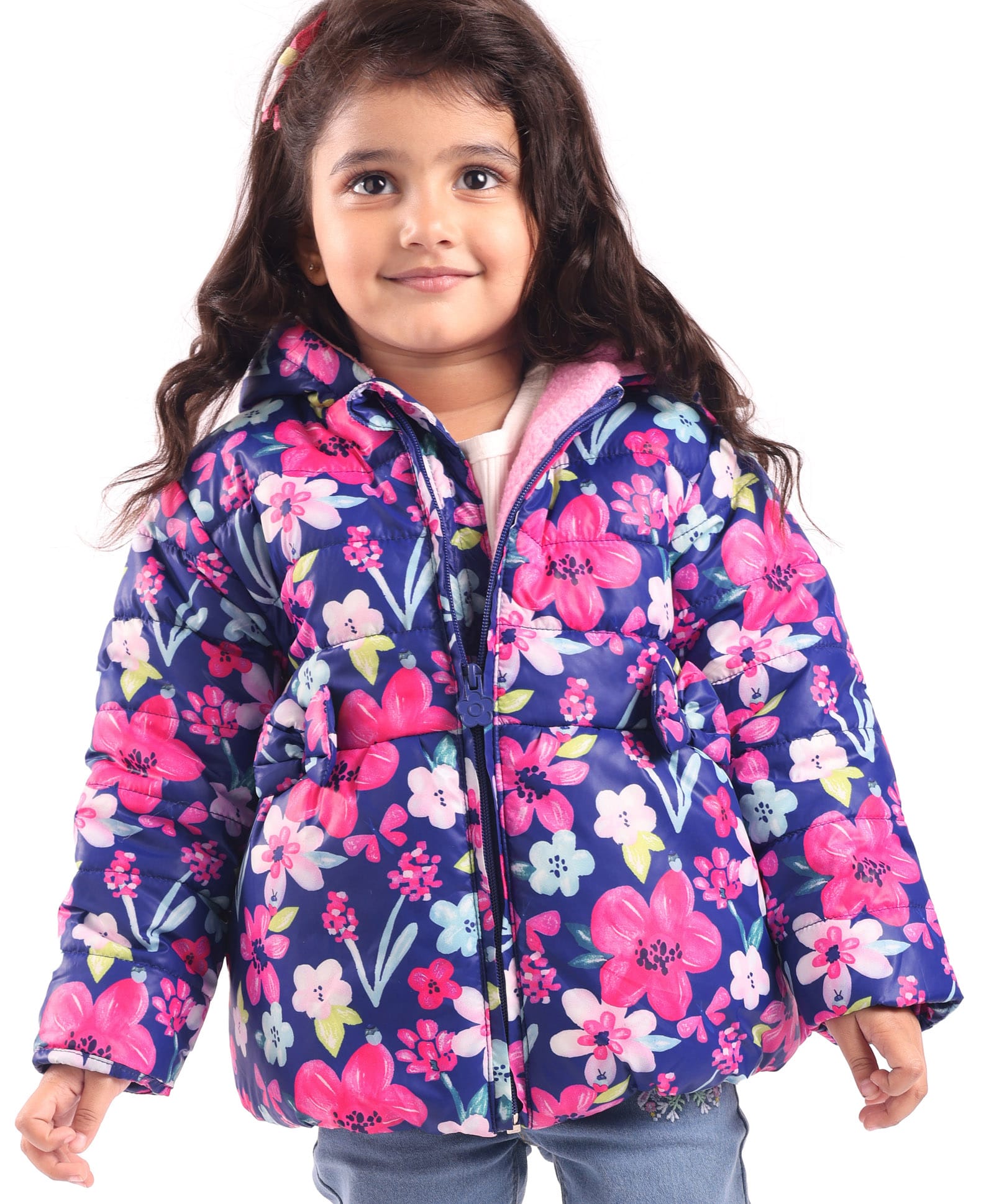 Babyhug Woven Full Sleeves Front Open Padded Hooded Jacket with Floral Print - Blue & Pink-picture-33