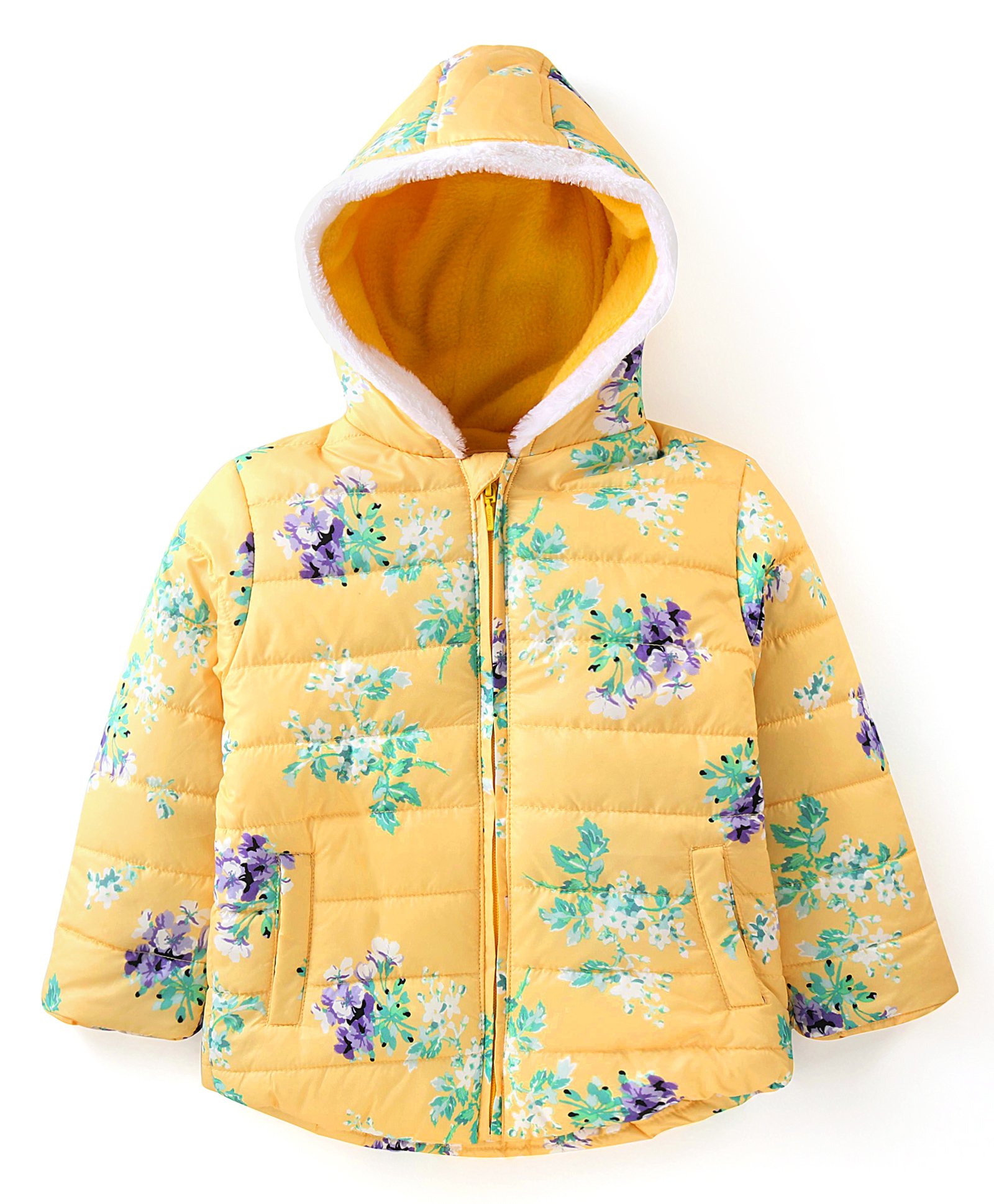 Babyhug Woven Full Sleeves Padded Hooded Jacket with Quilted Design & Flowers Print - Yellow-picture-33