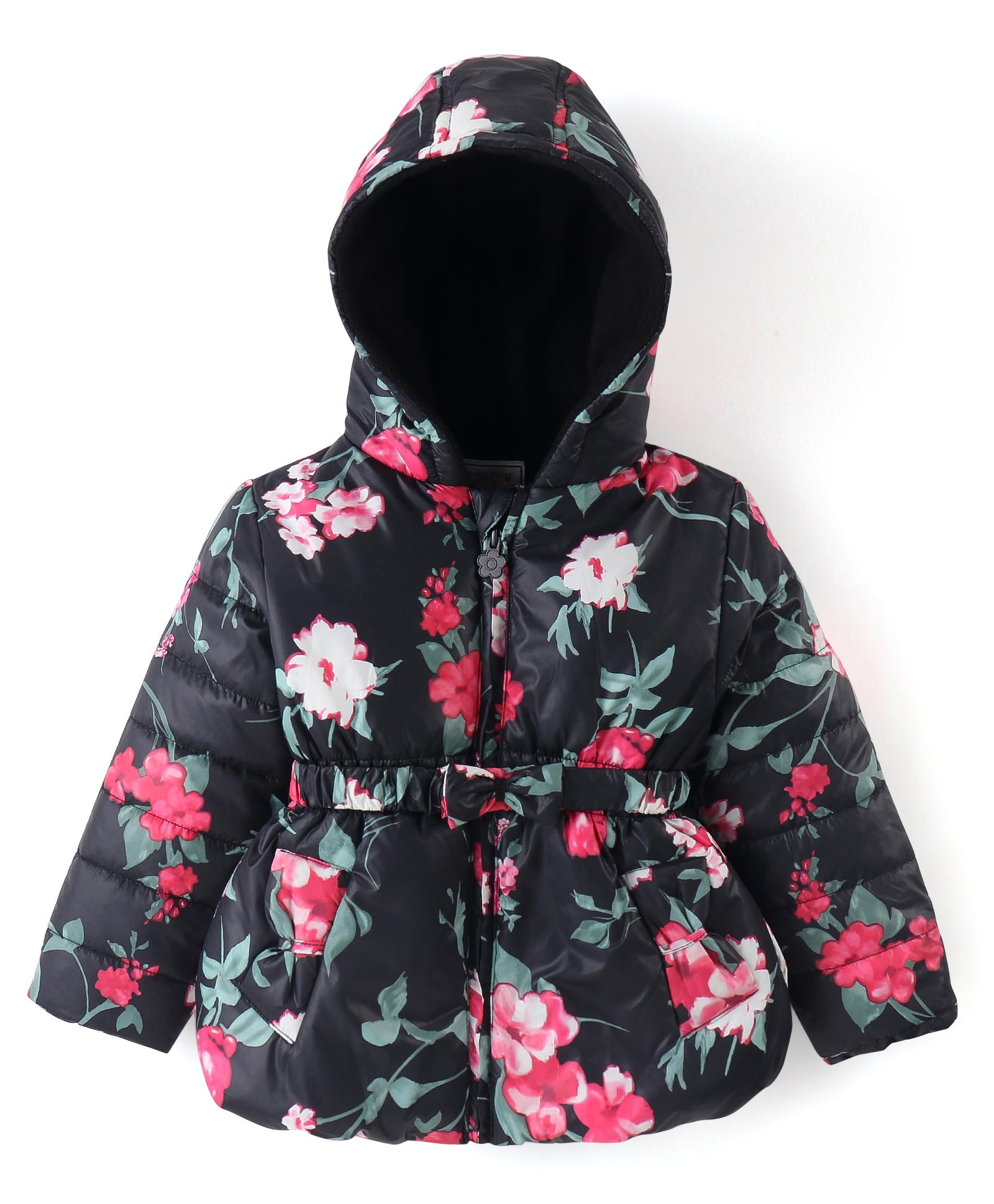 Babyhug Woven Full Sleeves Padded Hooded Jacket With Floral Print & Bow Applique - Black-picture-29