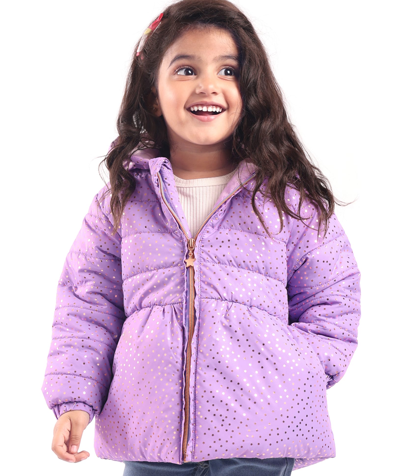 Babyhug Woven Full Sleeves Padded Hooded Jacket with Quilted Design & Glitter Star Print- Purple-picture-35