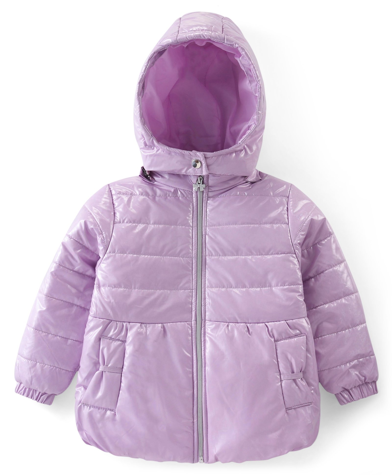 Babyhug Woven Full Sleeves Solid Hooded Puffer Jacket with Pockets - Purple-image-19