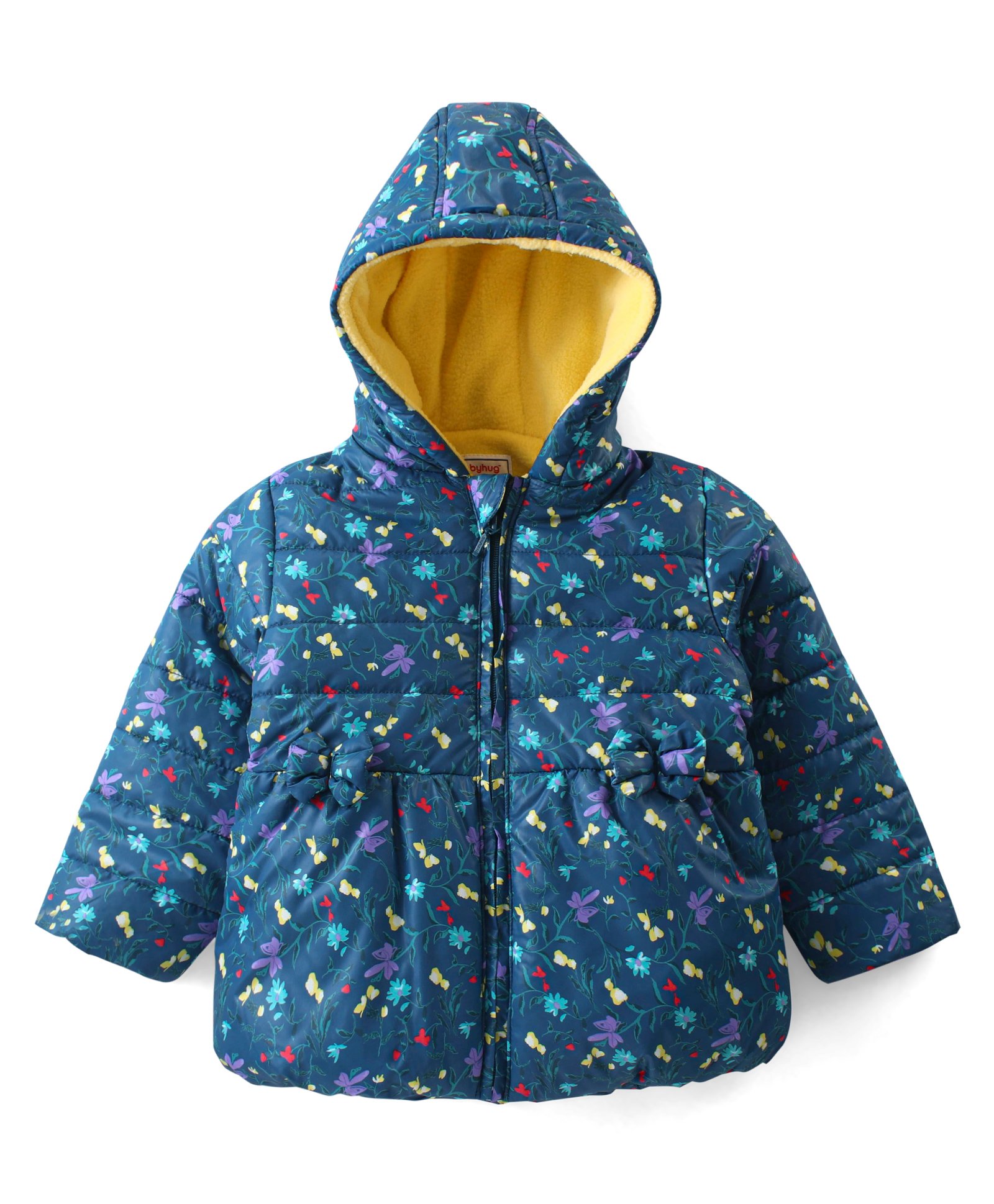 Babyhug Woven Full Sleeves Front Open Padded Hooded Jacket with Floral Print & Bow Applique - Teal Blue-image-30