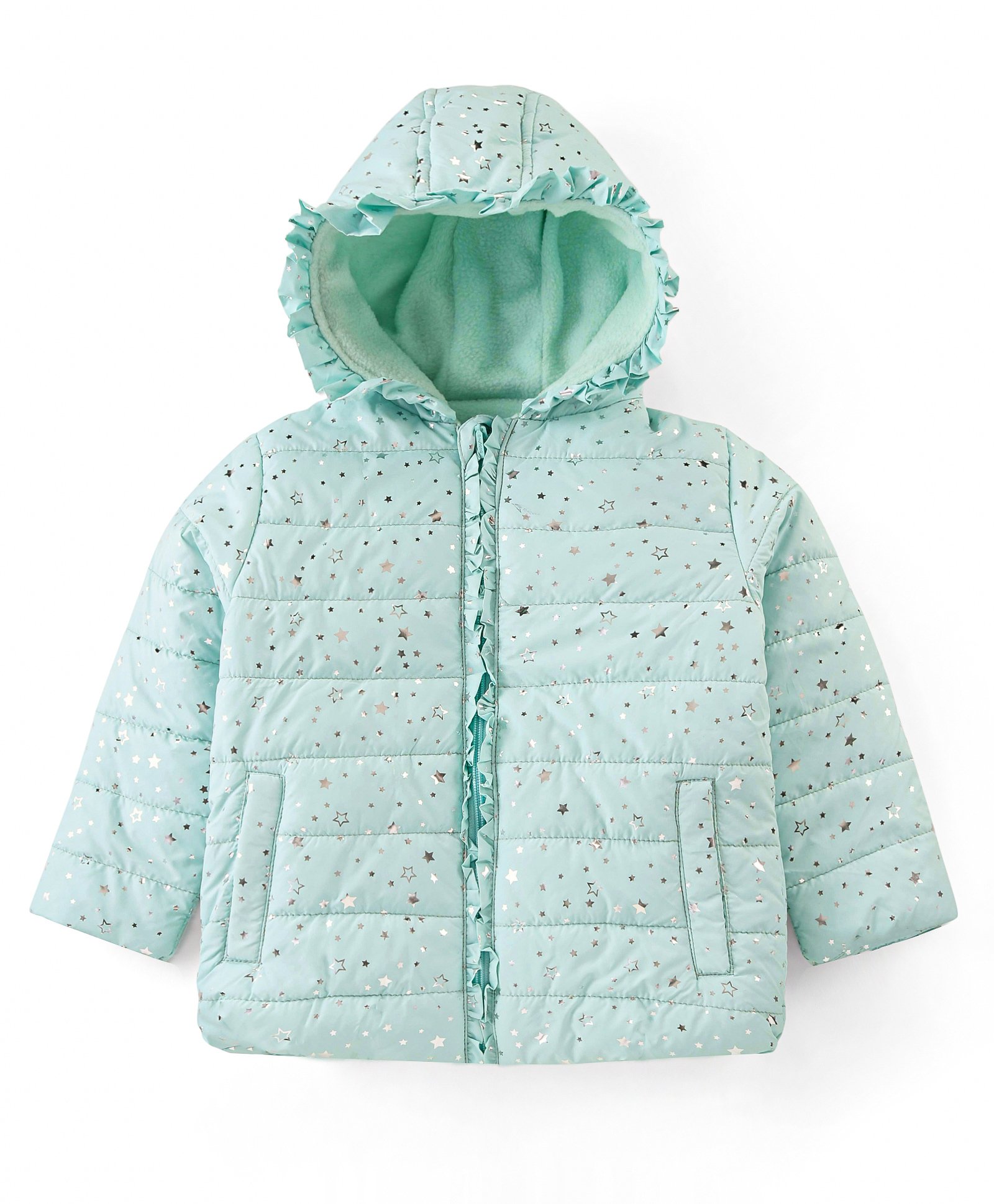 Babyhug Woven Full Sleeves Padded Hooded Jacket with Star Foil Print & Frill Detailing - Sky Blue-picture-12