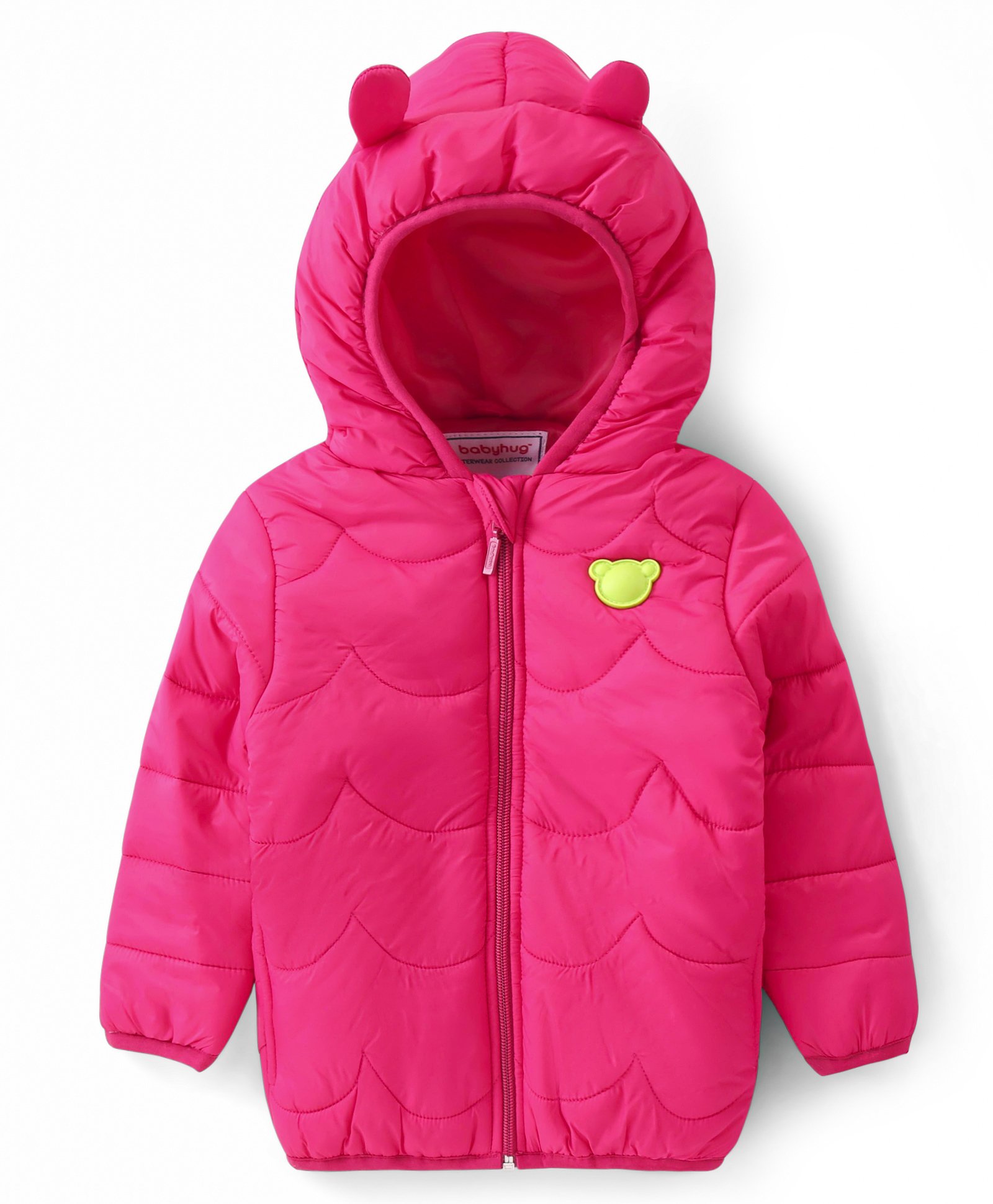 Babyhug Woven Full Sleeves Solid Color Padded Hooded Jacket with Bear Patch Applique - Fuchsia-picture-14