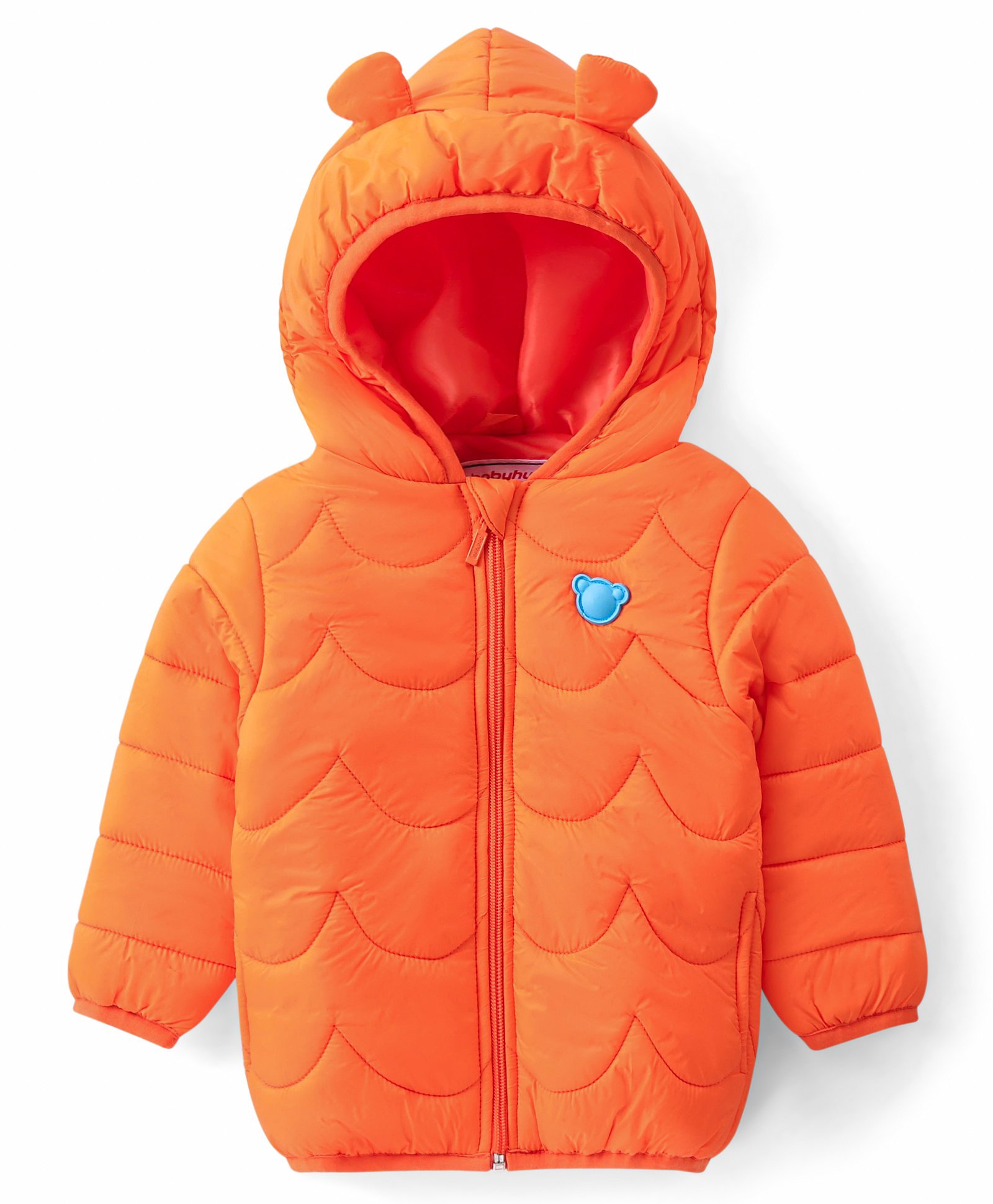 Babyhug Woven Full Sleeves Solid Color Padded Hooded Jacket with Bear Patch Applique - Orange-image-47