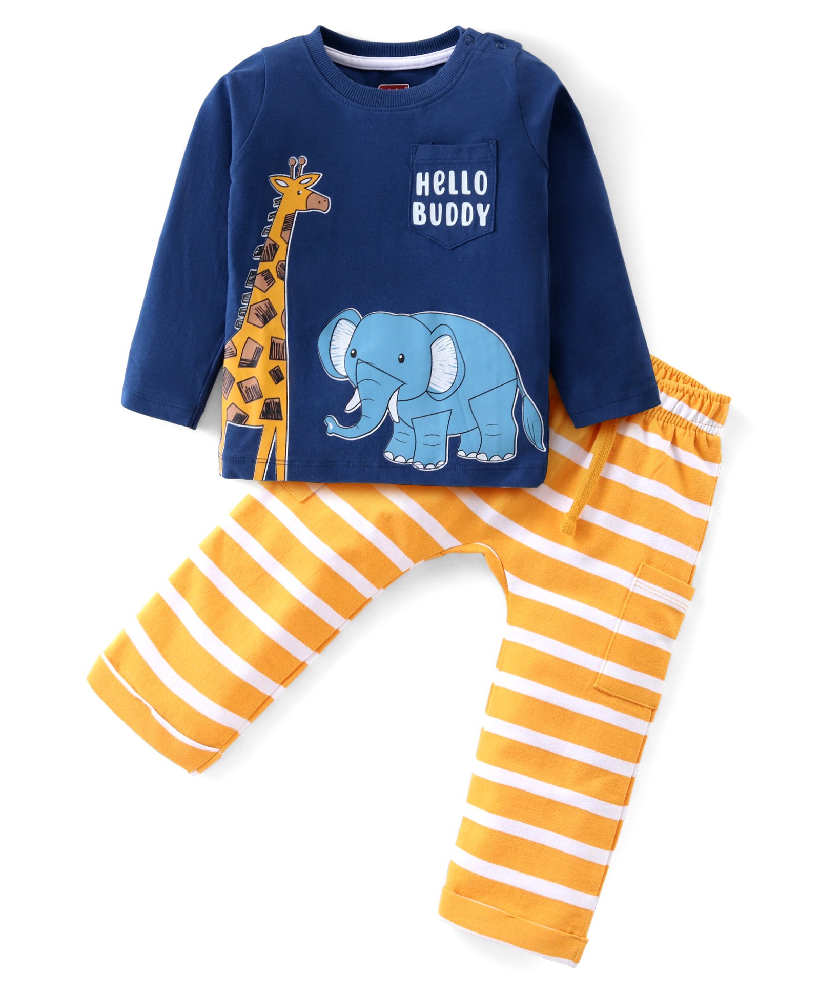 Babyhug Single Jersey Knit Full Sleeves T-Shirt & Pant Set with Striped Giraffe & Elephant Print - Blue & Yellow-picture-15