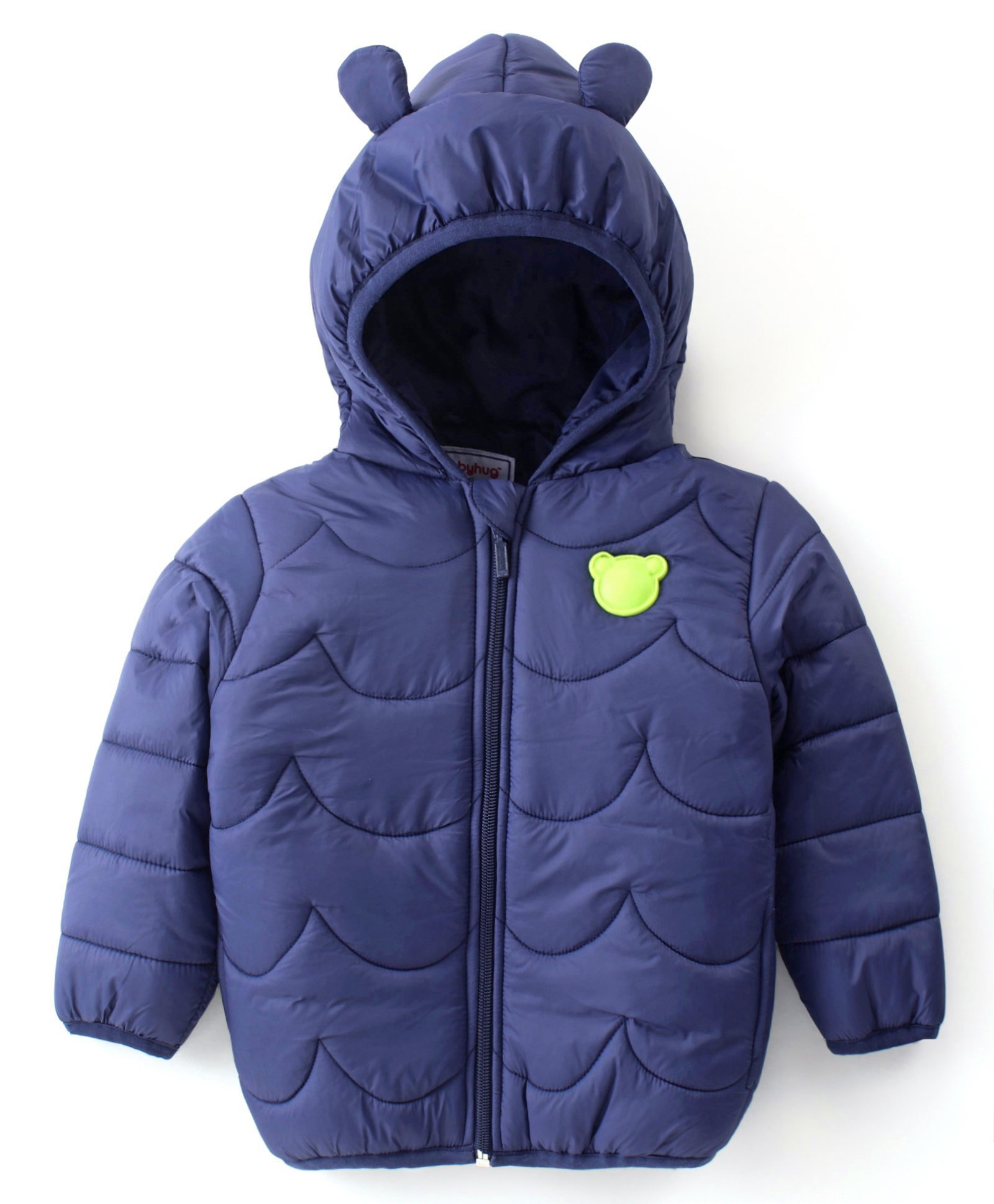 Babyhug Woven Full Sleeves Solid Color Padded Hooded Jacket with Bear Patch Applique - Navy Blue-picture-14