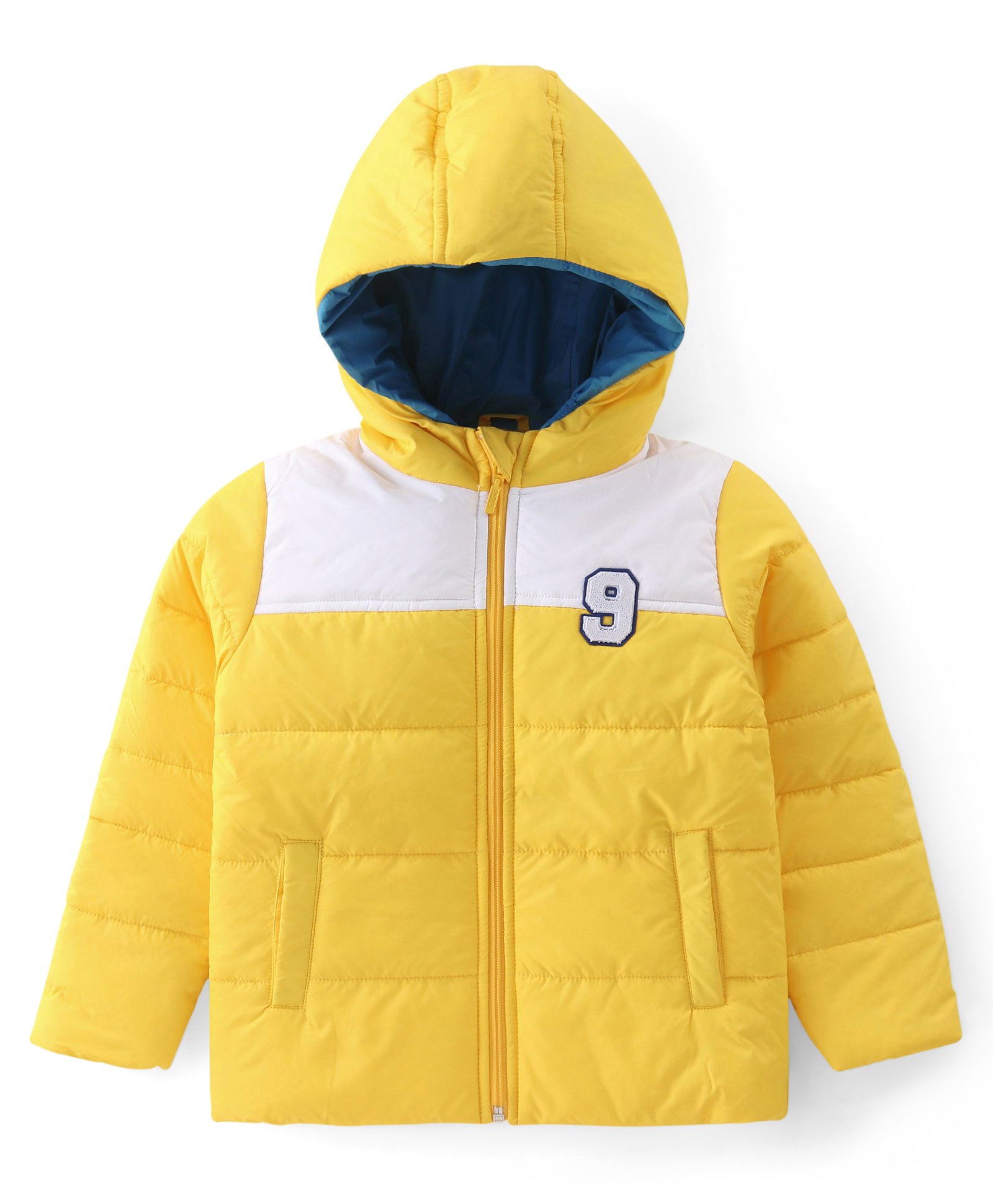 Babyhug Woven Full Sleeves Hooded Puffer Jacket with Pockets - Yellow-image-38