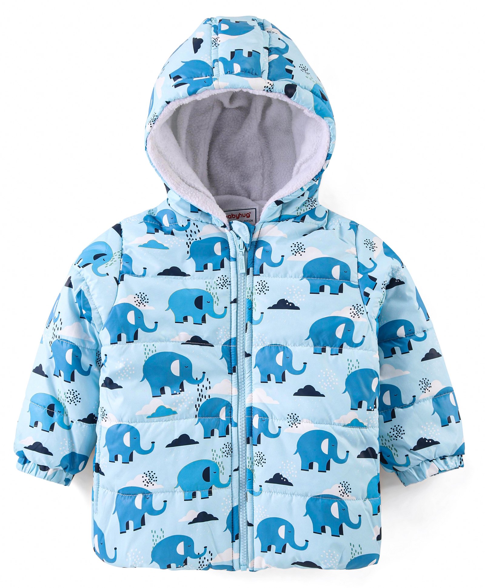 Babyhug Woven Full Sleeves Padded Hooded Jacket with Elephant Print - Blue-picture-23