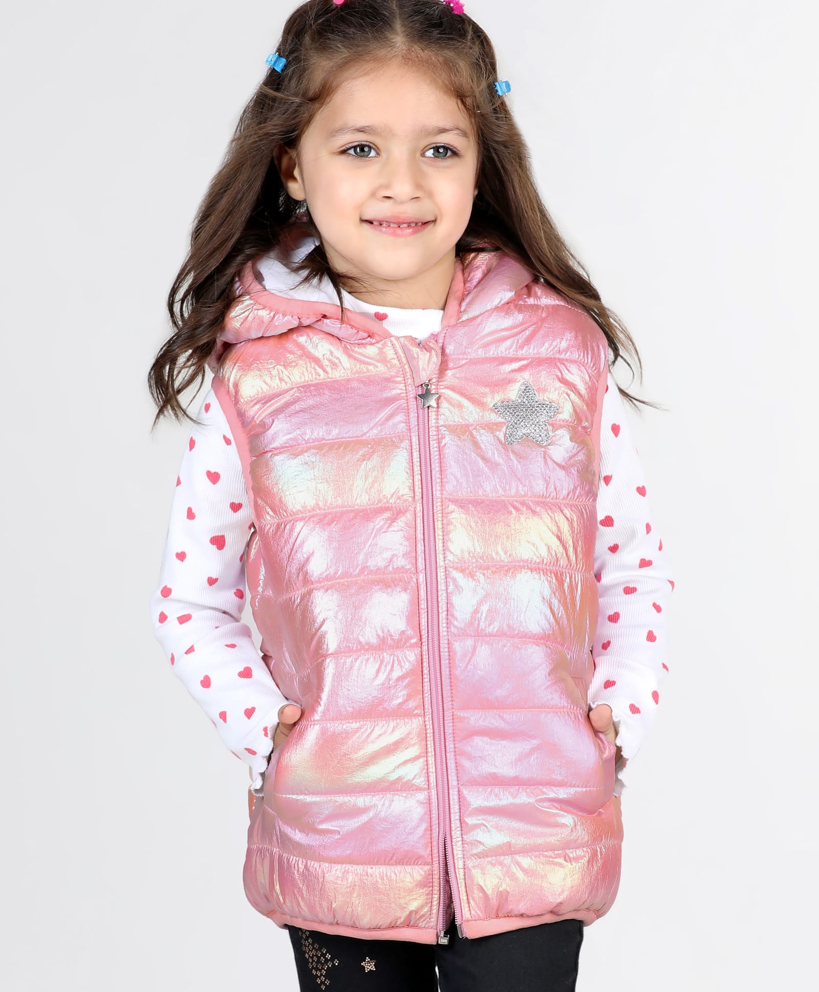 Babyhug Woven Sleeveless Padded Hooded Metallic Jacket with Pockets & Ear Applique - Pink-picture-22