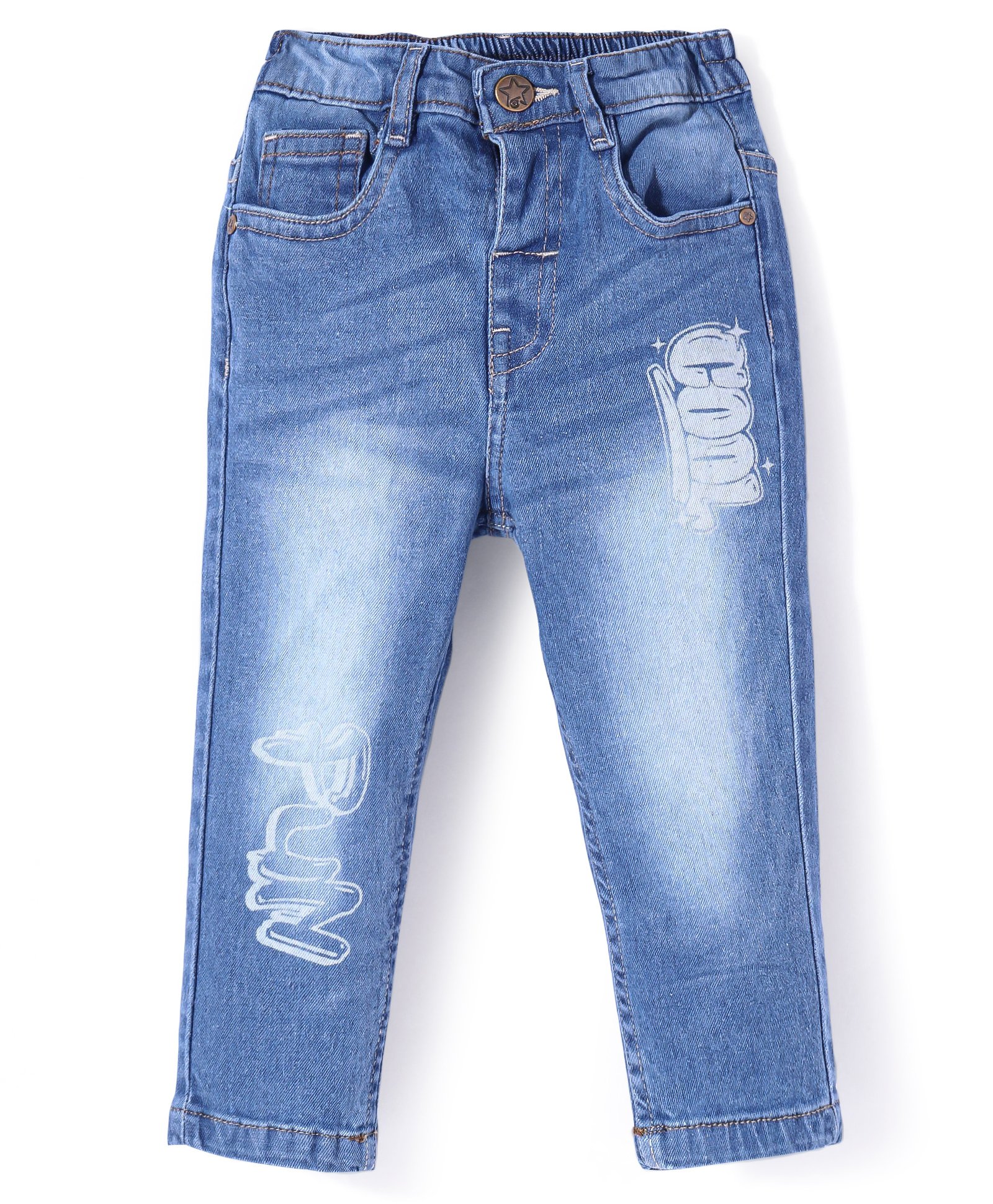 Babyhug Full Length Denim Jeans With Text Print - Blue-image-3