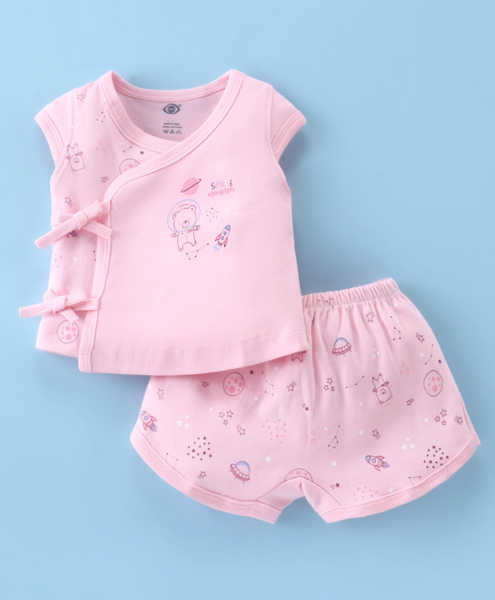 Zero Interlock Knit Half Sleeves Shorts Night Suit  with Space & Teddy Bear Print - Peach-image-30