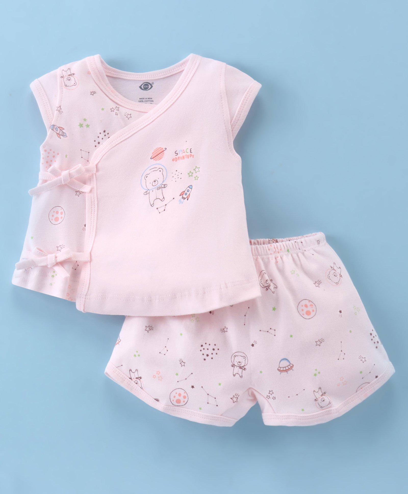 Zero Interlock Knit Half Sleeves Shorts Night Suit with Space & Teddy Bear Print - Peach-picture-23