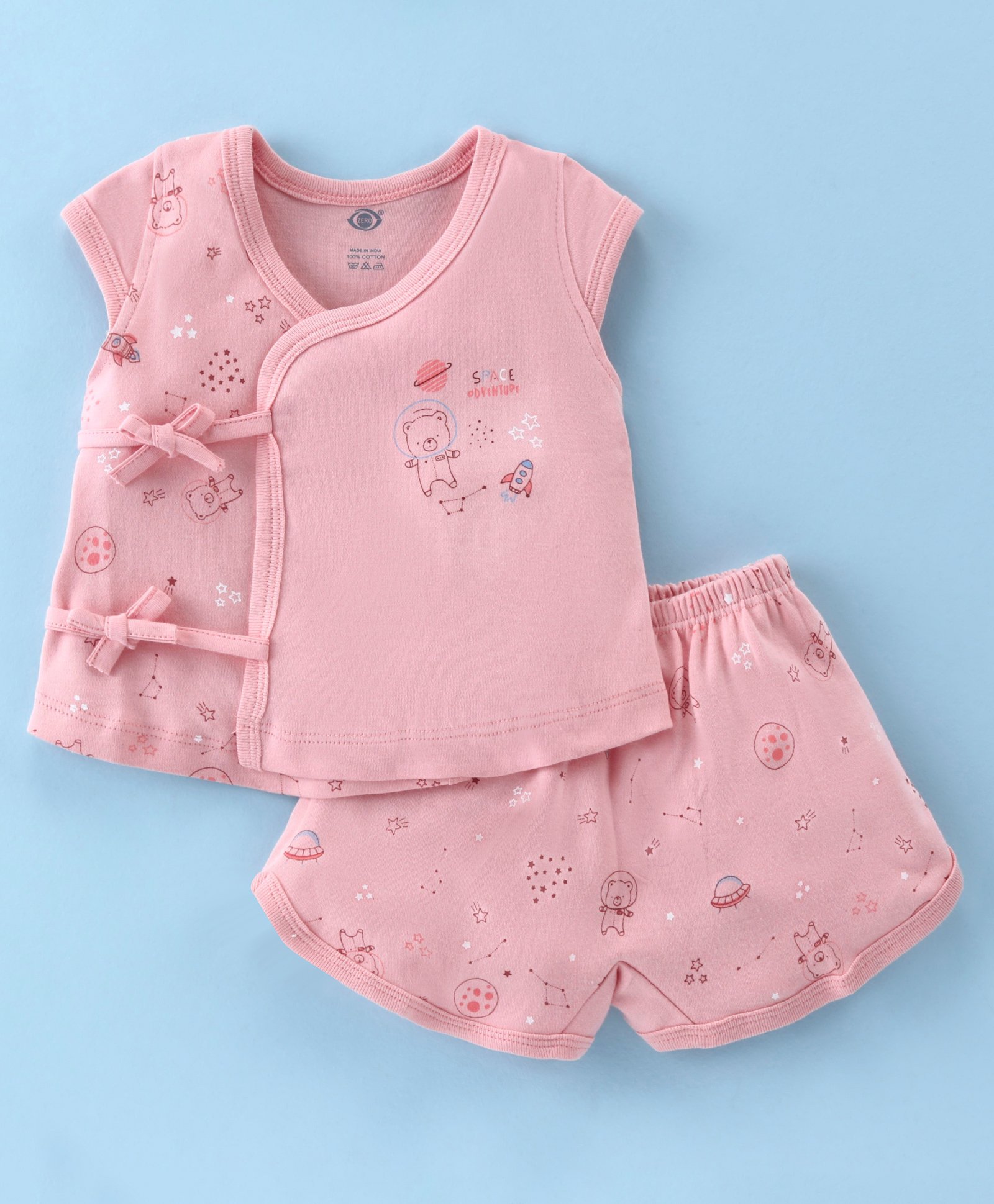 Zero Interlock Knit Half Sleeves Shorts Night Suit with Space & Teddy Bear Print - Peach-picture-6