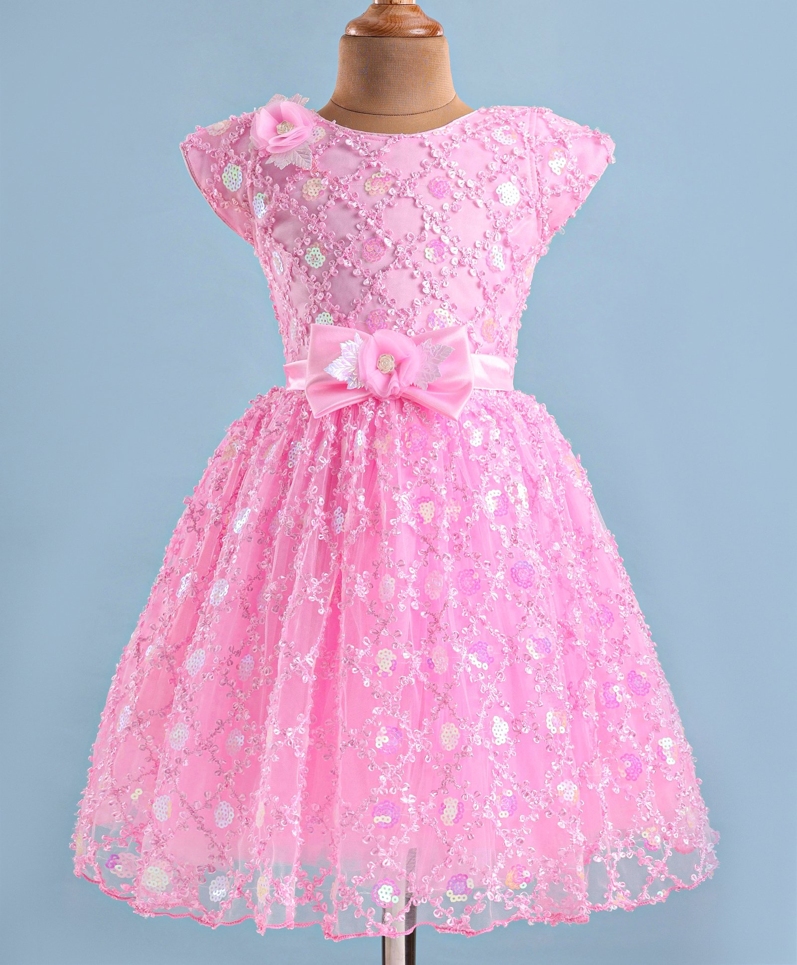 Bluebell Net Knit Half Sleeves Sequined Party Frock with Floral & Bow Applique - Pink-image-23