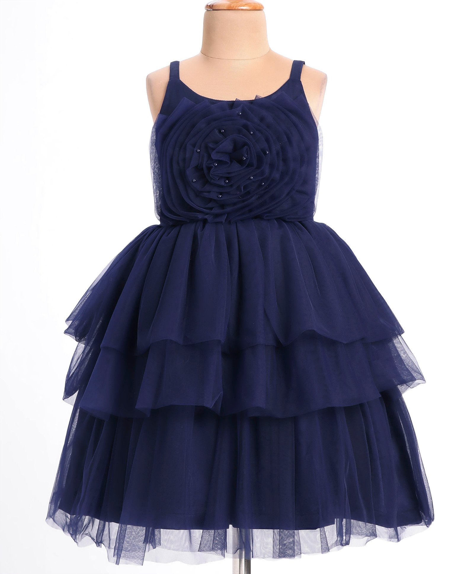 Bluebell Net Knit Singlet Sleeves Party Frock with Floral Corsage & Pearl Detailing - Navy Blue-image-2