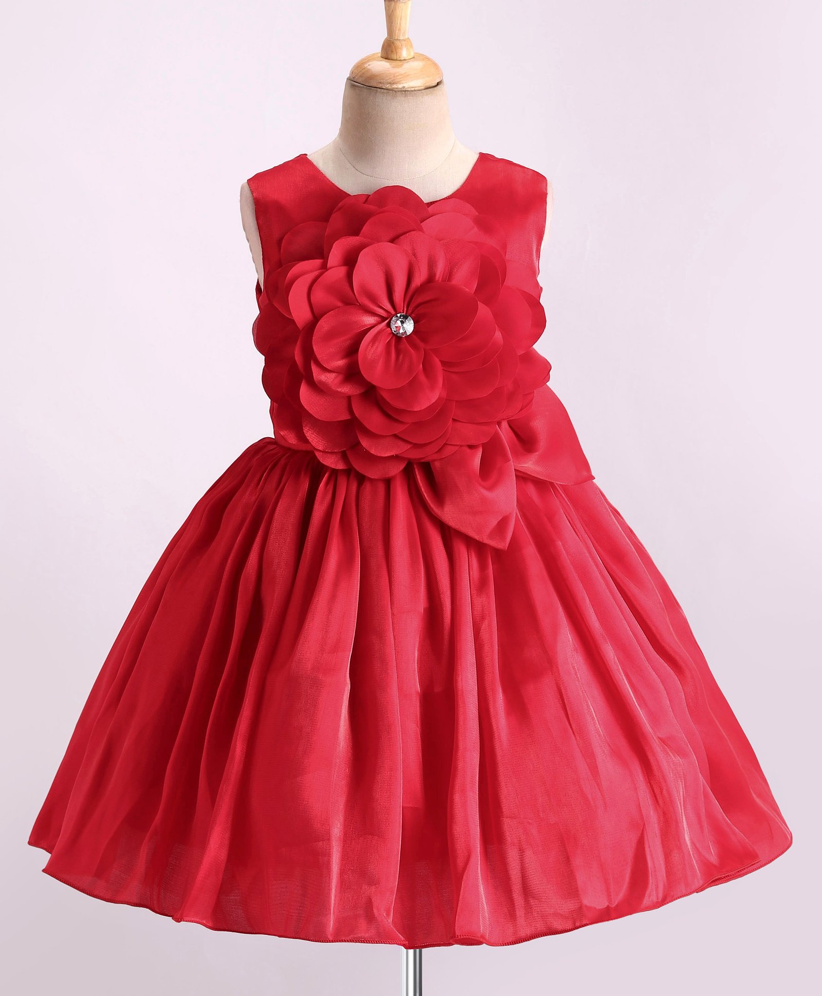 Bluebell Cotton Knit Sleeveless Frock with Floral Applique Solid Colour - Red-picture-14