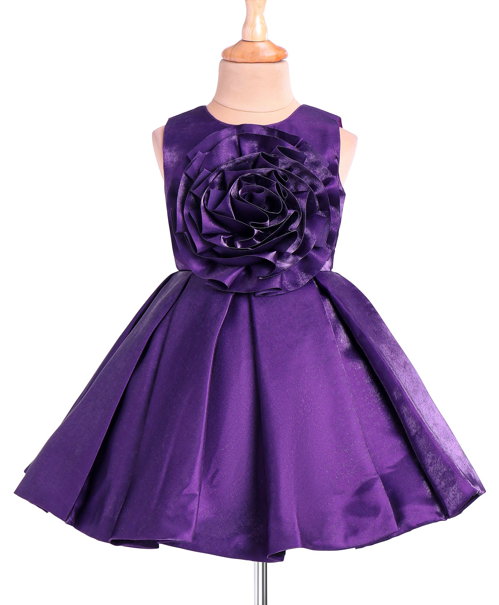 Bluebell Satin Sleeveless Floral Applique Solid Colour Flared Pleated Party Frock - Violet-image-4