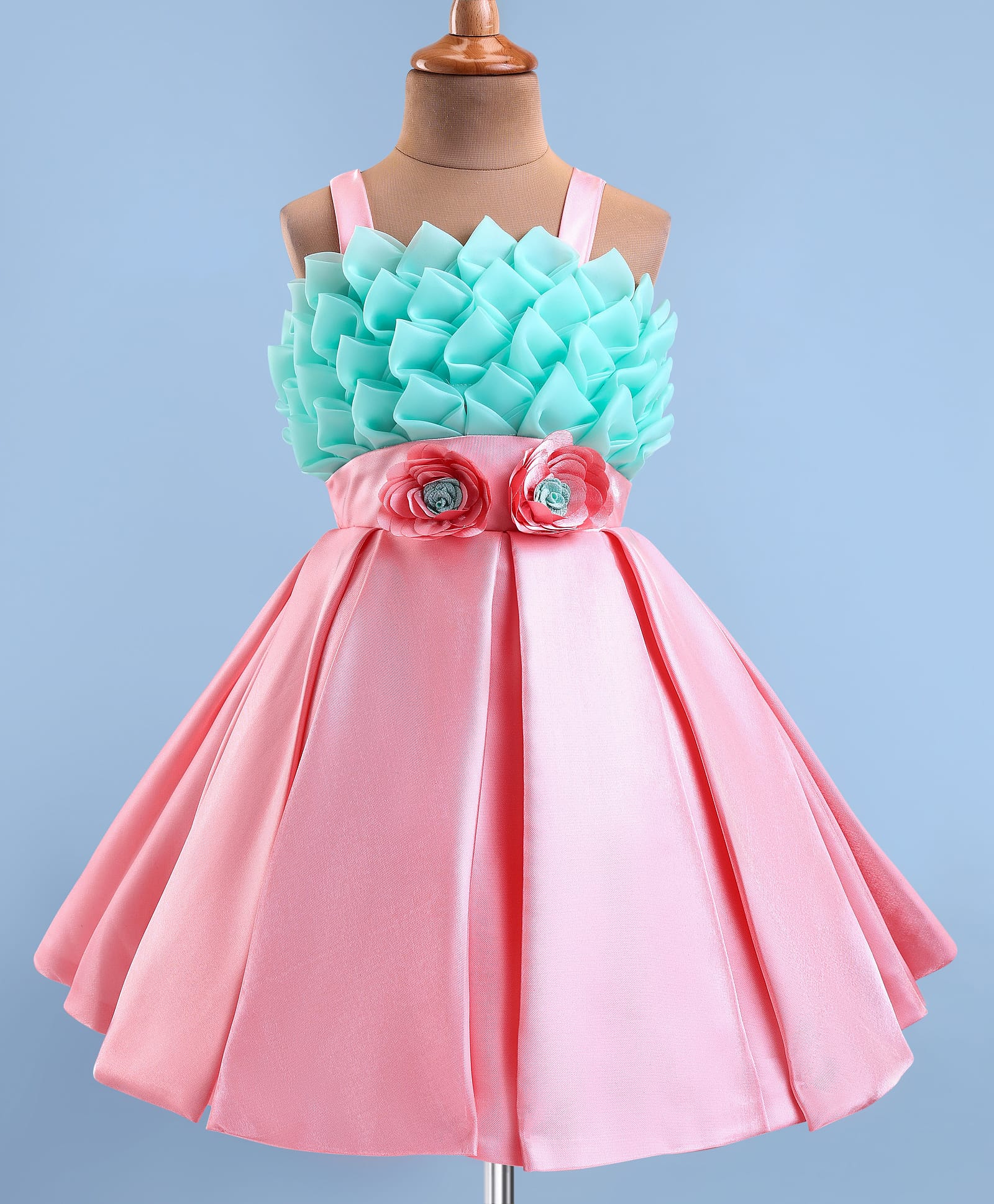 Bluebell Satin Knit Sleeveless Party Frock With Floral Corsage - Pink-image-12