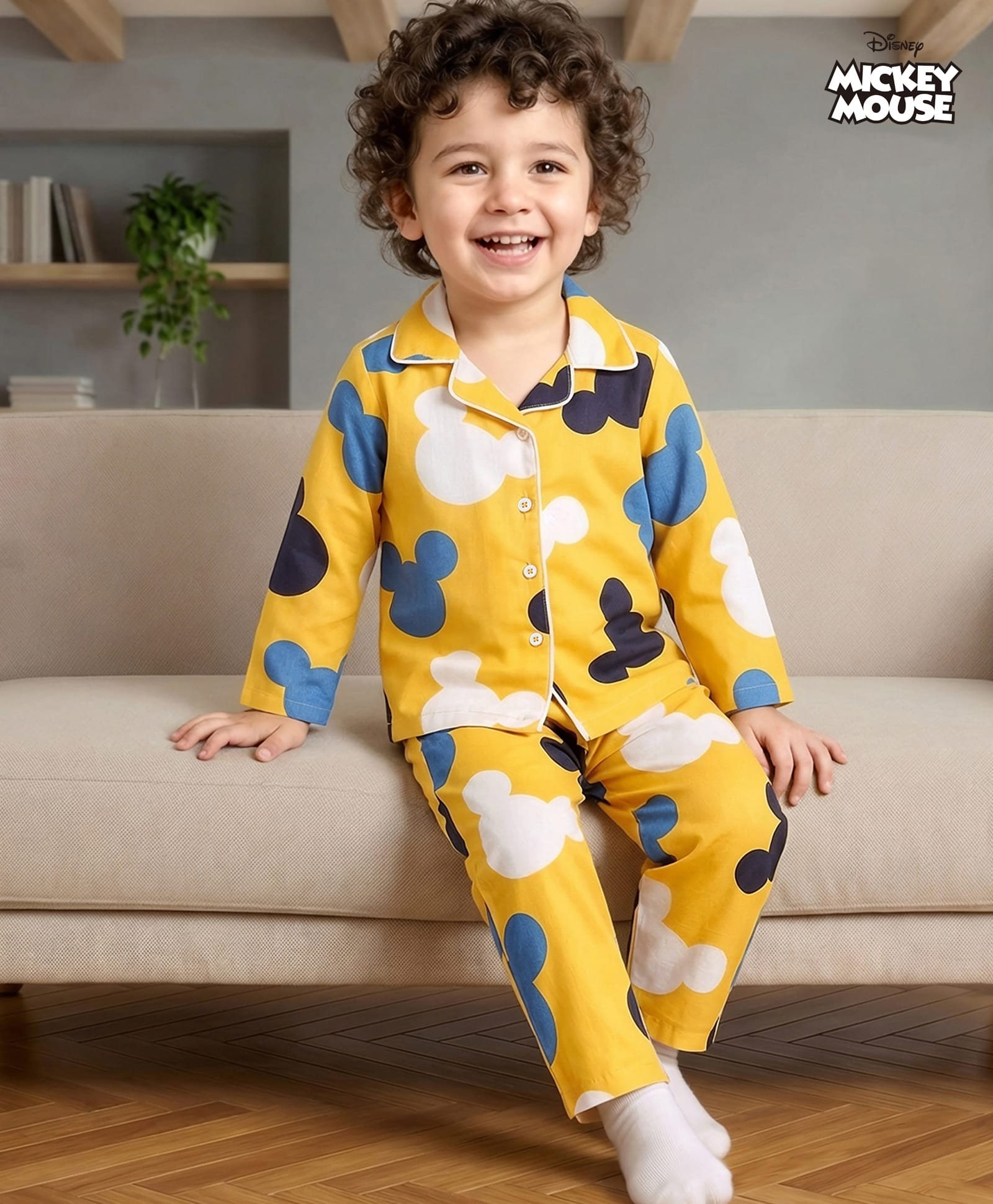 Babyhug Disney Cotton Woven Full Sleeves Night Suit with Mickey Mouse Print - Yellow-image-47