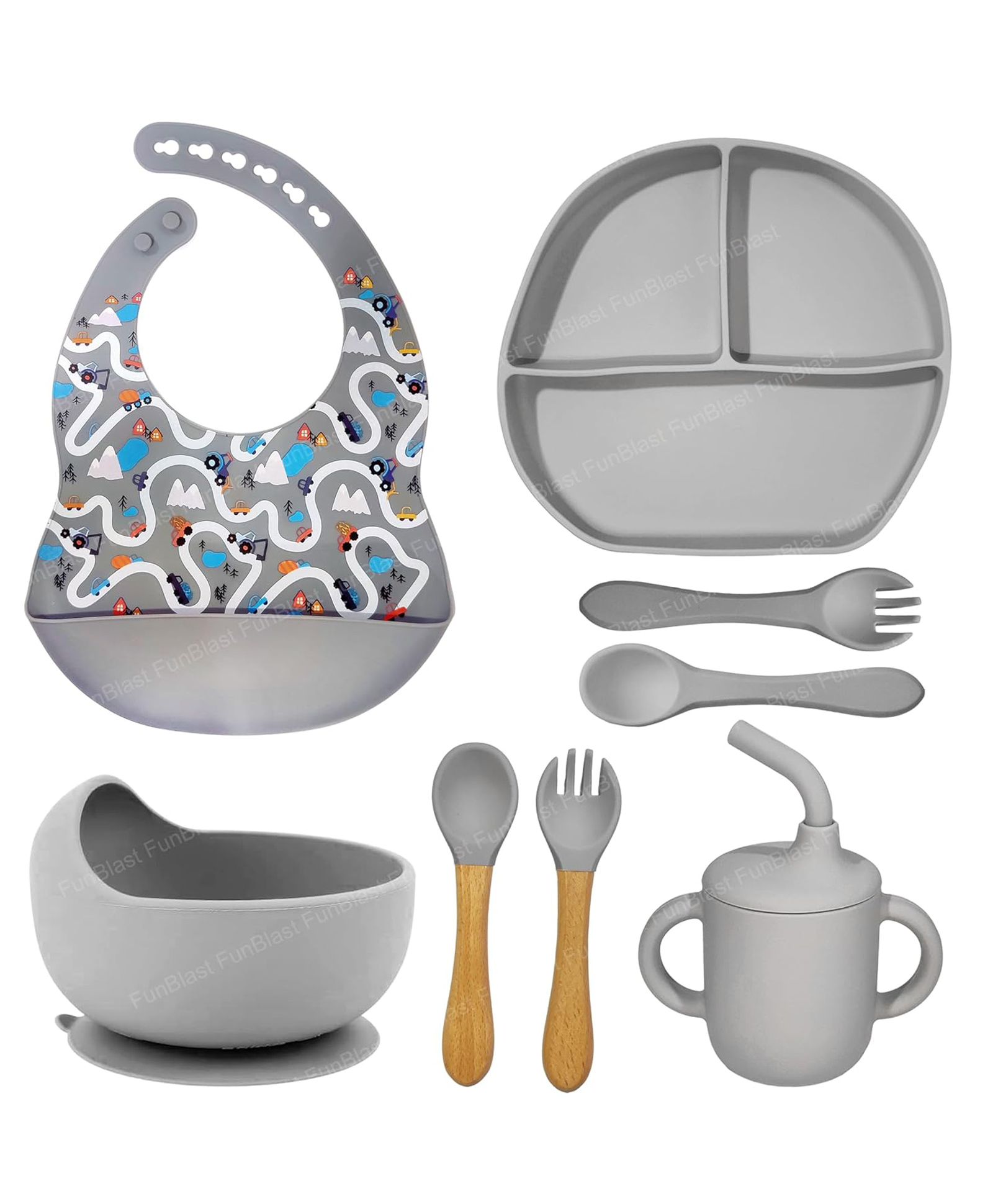 FunBlast Silicone Baby Tableware Feeding Set  8 Pcs Grey-image-37