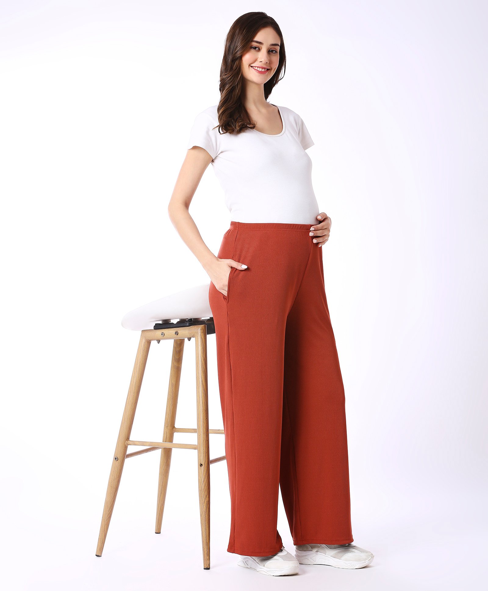 Bella Mama Knit Full Length High Coverage Rib Knit Pant Solid Colour - Brown-picture-11