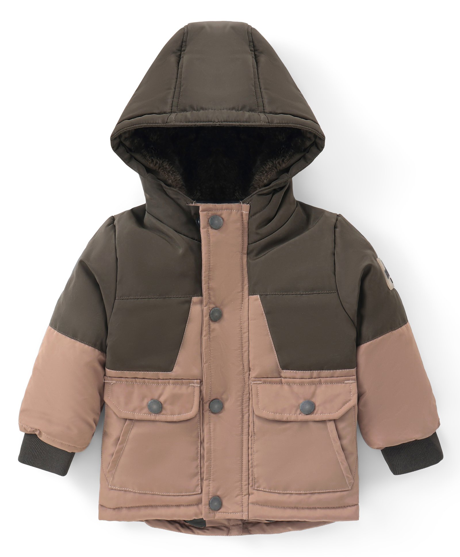 Babyhug Woven Full Sleeves Solid Color Padded Hooded Jacket with Cut & Sew Design - Beige-image-26