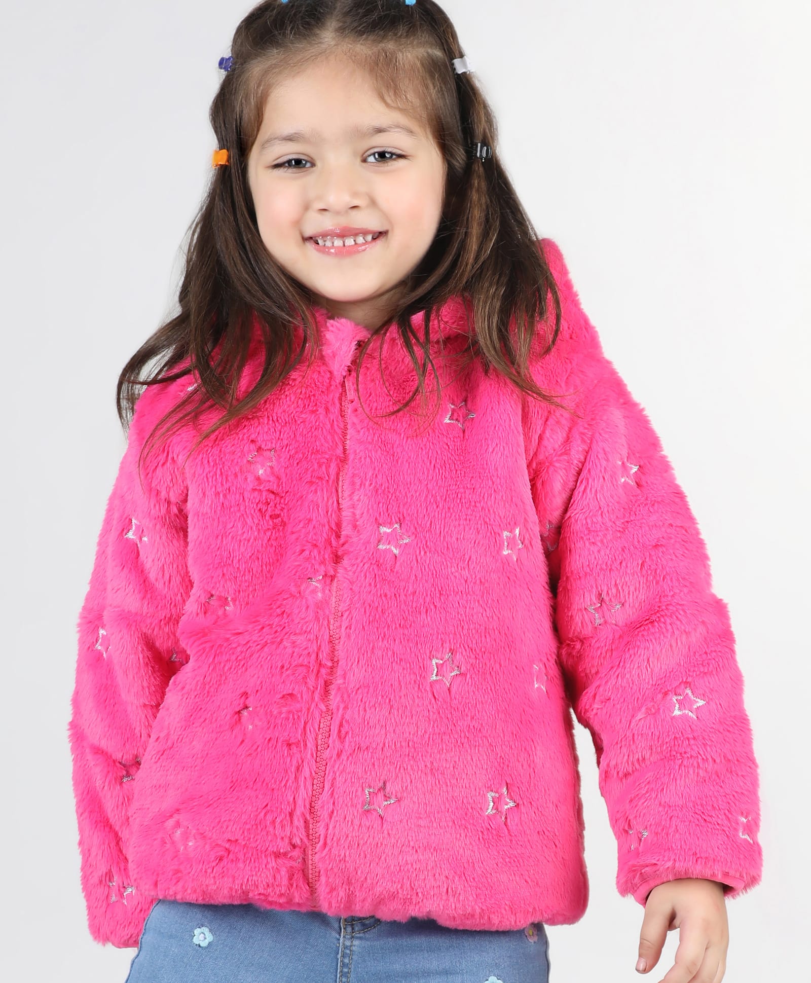 Babyhug Woven Full Sleeves Hooded Fur Jacket with Star Print - Hot Pink-picture-26