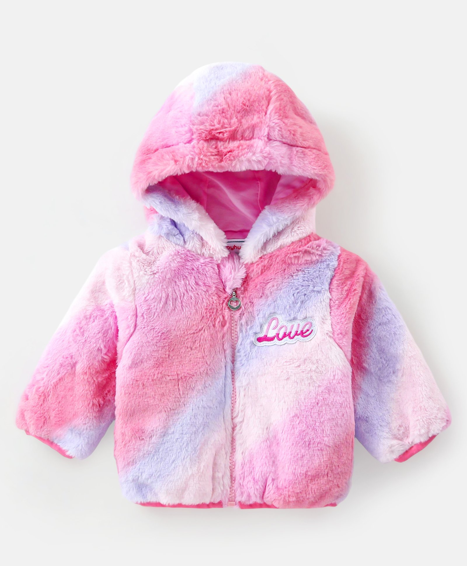 Babyhug Woven Full Sleeves Hooded Fur Jacket Tie & Dye Design & Text Patch Detailing - Purple-image-49
