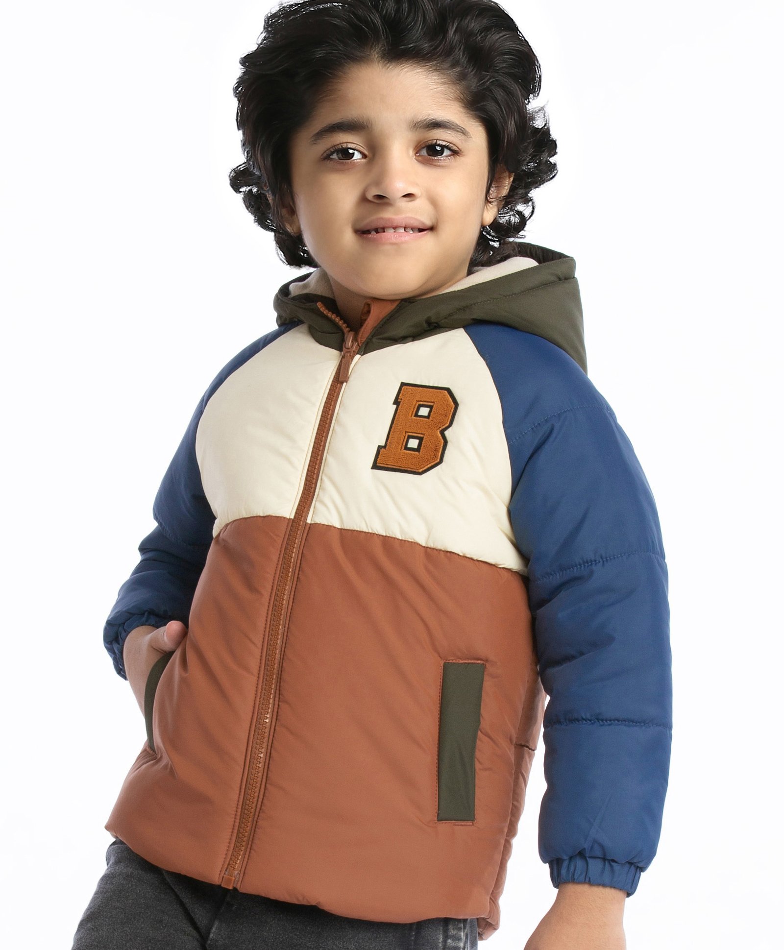 Babyhug Full Sleeves Padded Winter Jacket with Hood & Text Patch- Brown Navy & White-image-49