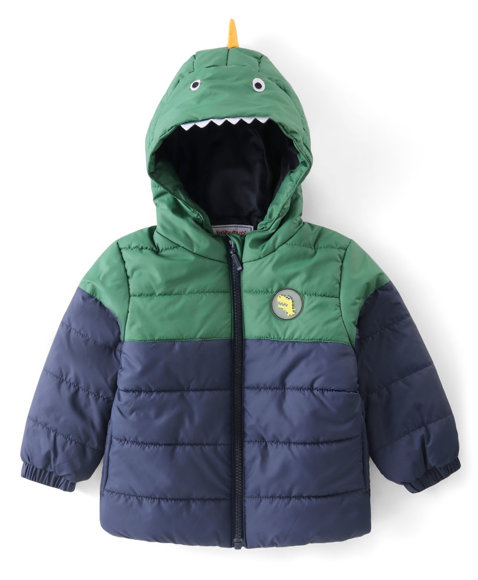Babyhug Woven Full Sleeves Padded Hooded Jacket With Dino Patch & 3D Applique - Green & Navy Blue-image-5