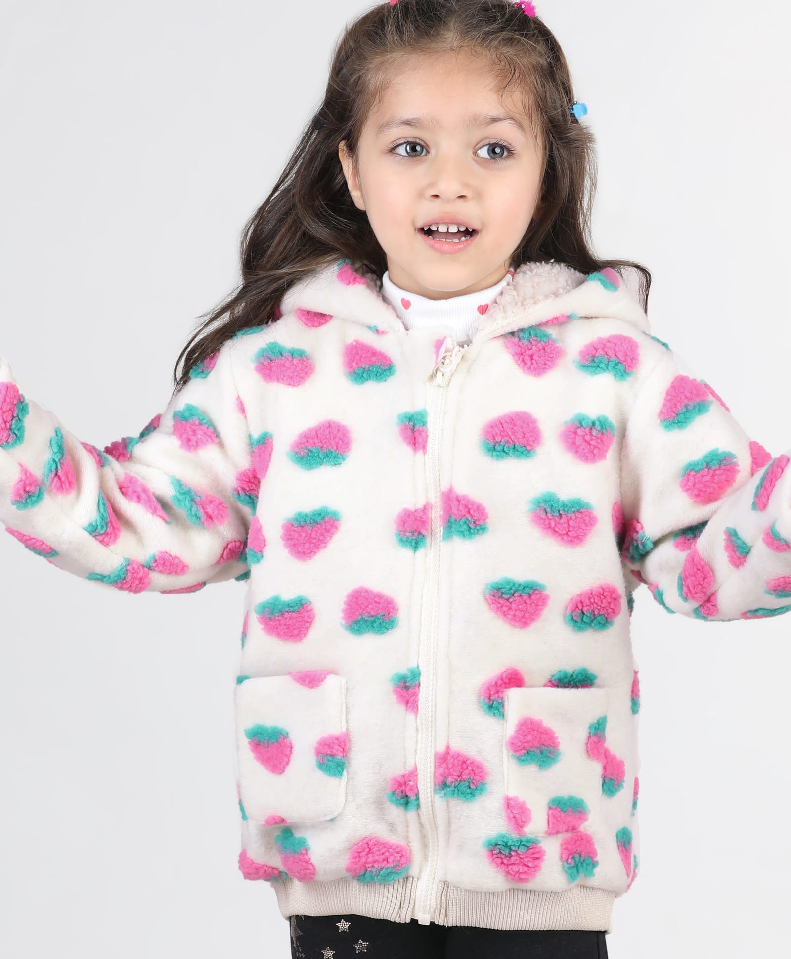 Babyhug Furr Woven Full Sleeves Strawberry Print Sweatjacket with Hood - Off White-picture-10
