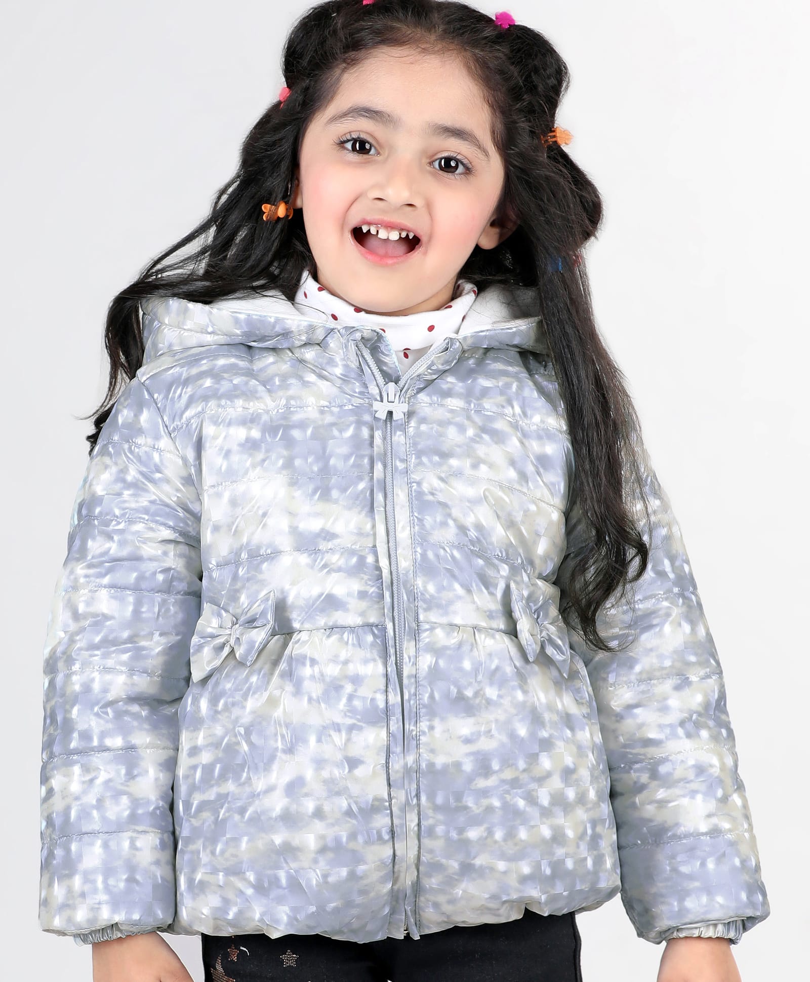 Babyhug Woven Full Sleeves Padded Hooded Jacket with Bow Applique - Blue-image-27