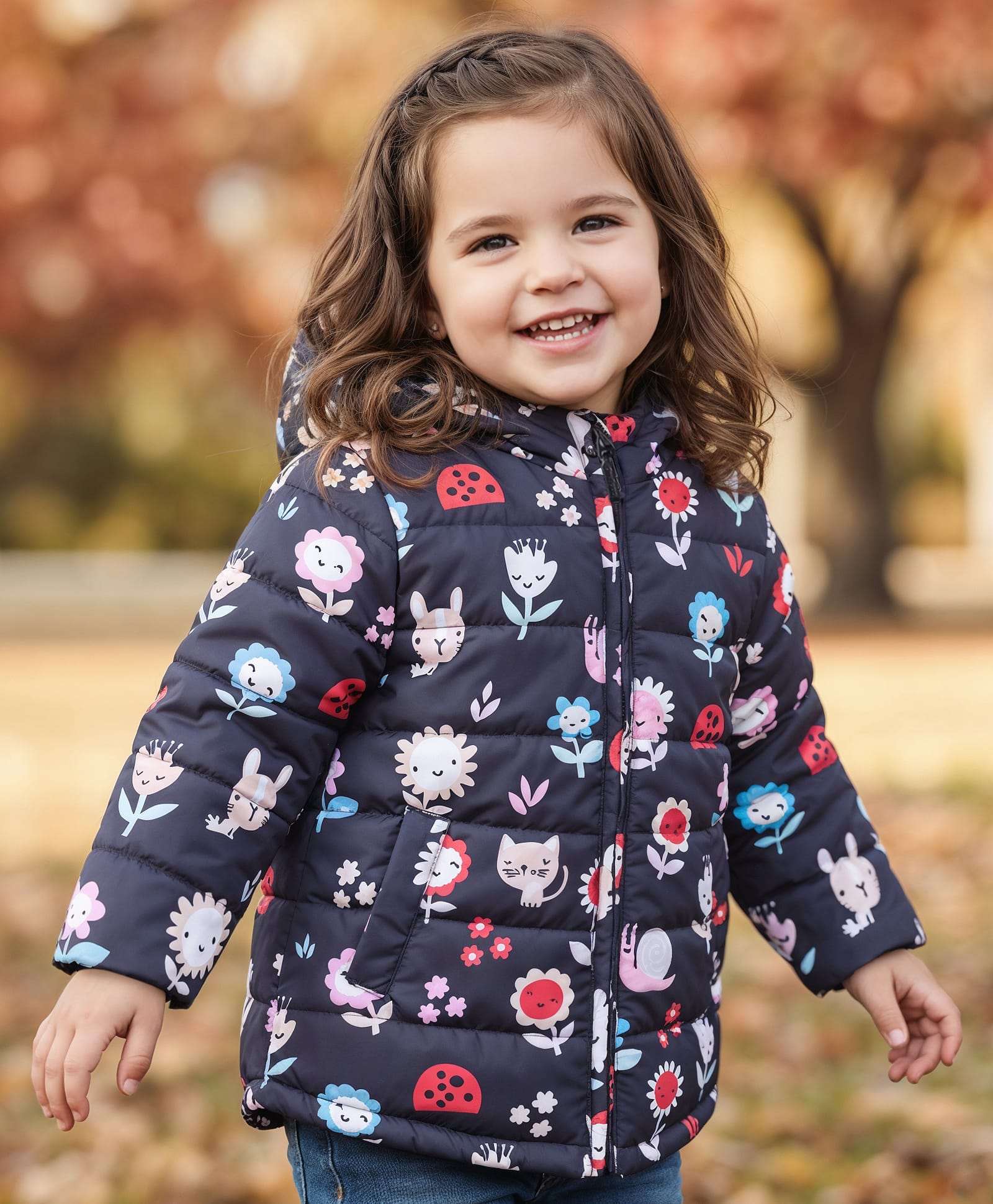 Babyhug Woven Full Sleeves Padded Hooded Jacket With Floral Print - Navy Blue-picture-32
