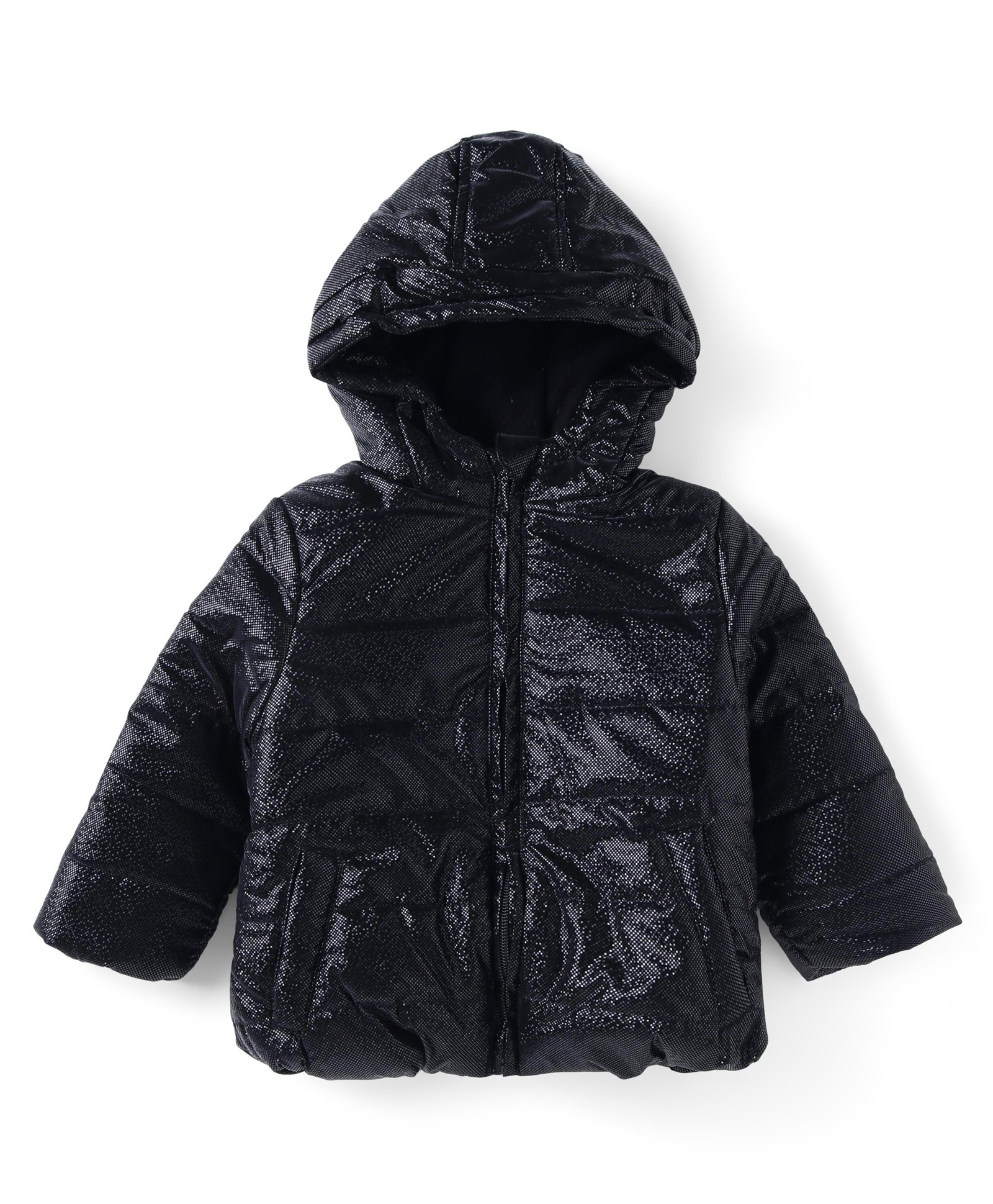 Babyhug Woven Full Sleeves Padded Hooded Jacket with Shimmer - Black