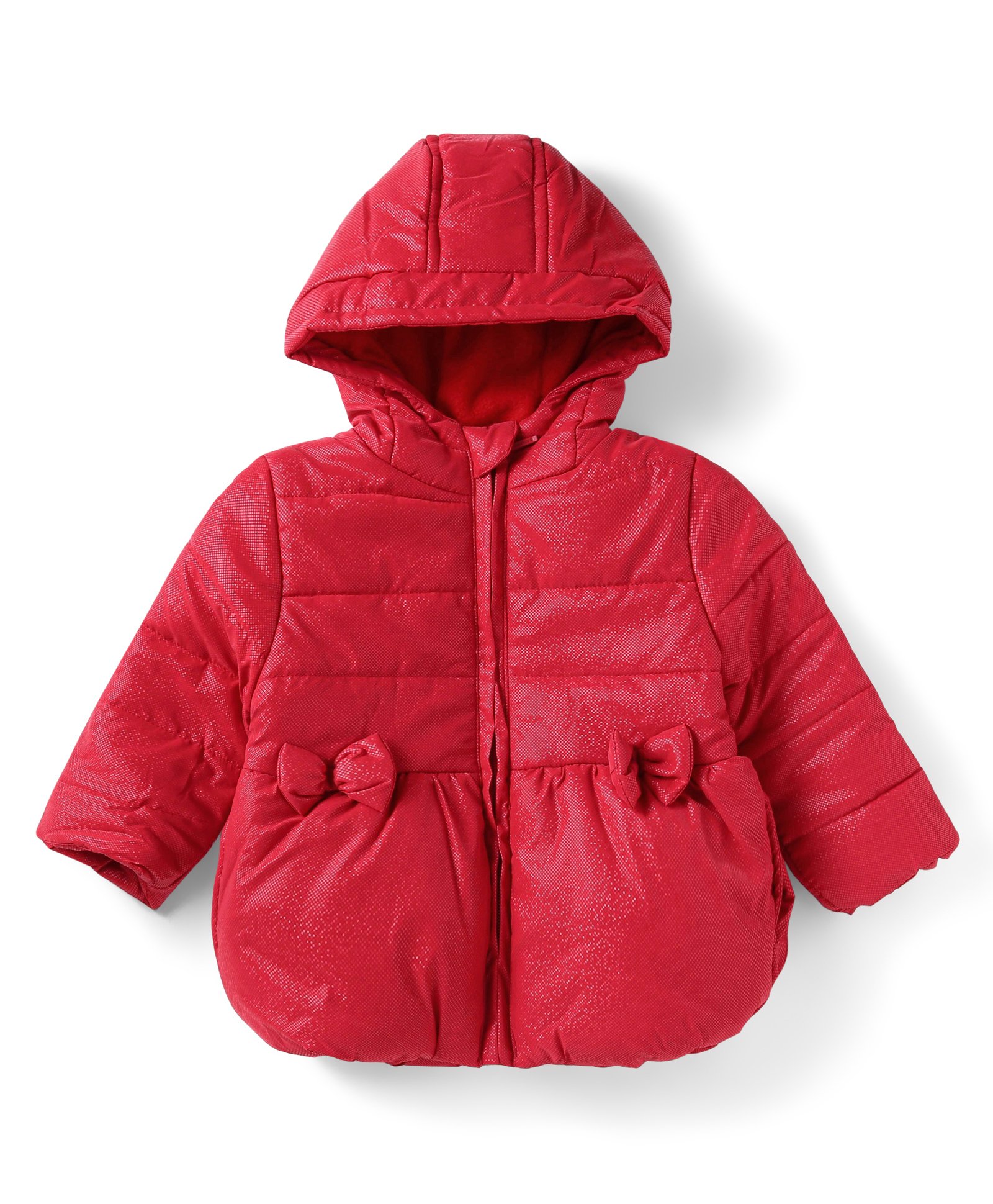 Babyhug Woven Full Sleeves Padded Hooded Jacket With Bow Applique & Shimmer - Red